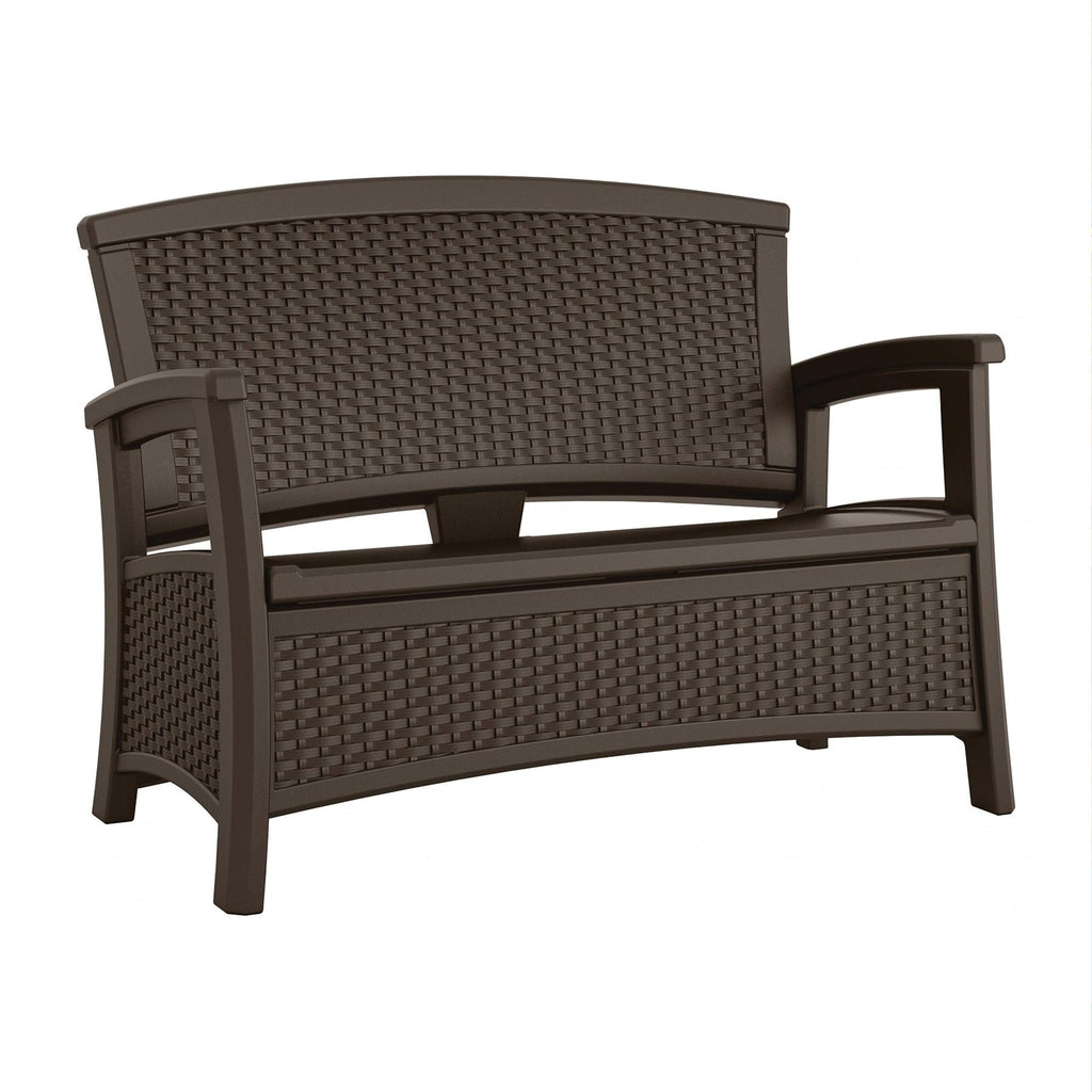 Suncast Outdoor Wicker Love Seat with 23-Gallon Storage, Comfortable Seating for Two, Ergonomic Back Support, All-Weather Furniture for Patio, Deck, and Garden, Java, Made in The USA