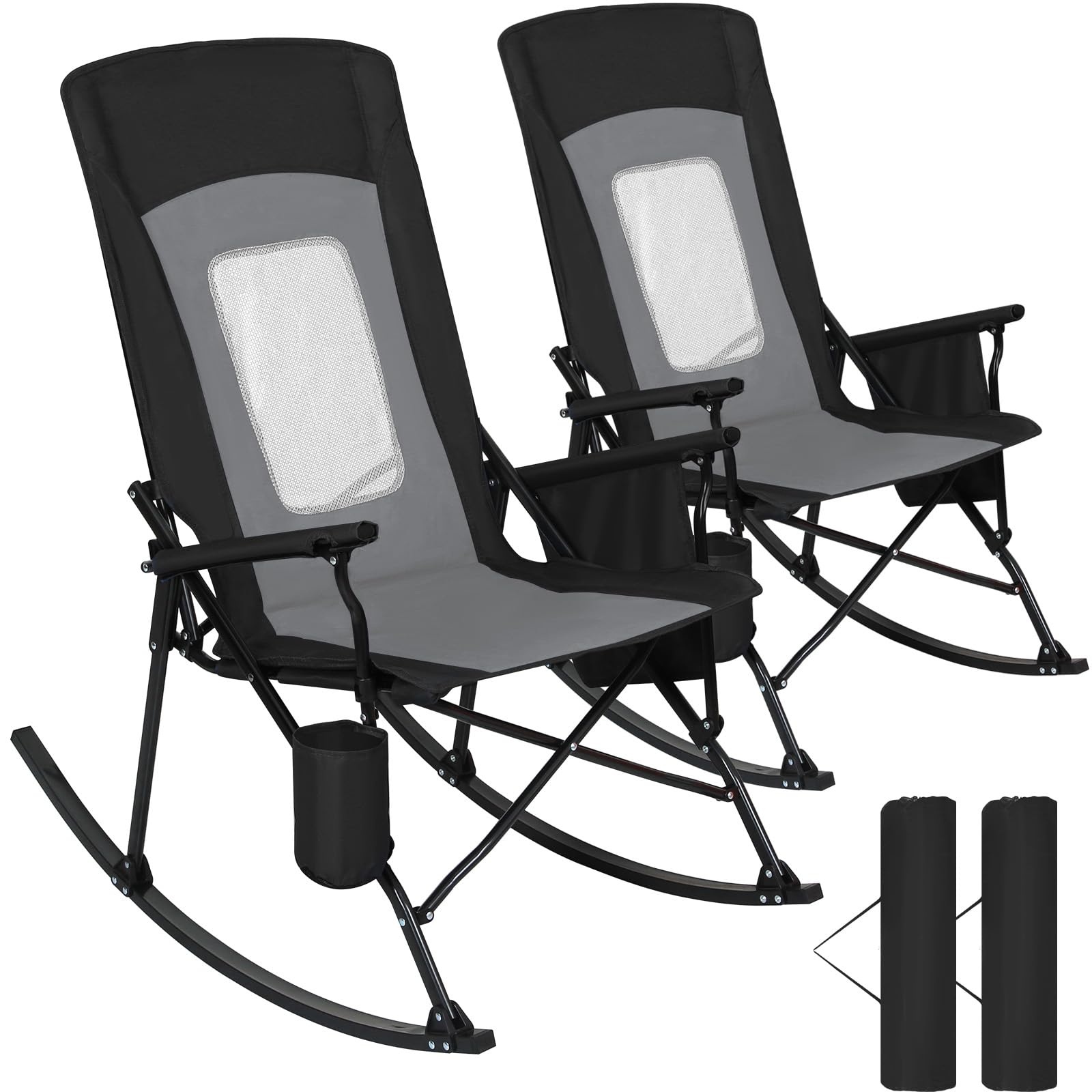 Romswi 2PCS Folding Rocking Camping Chair for Adults, Heavy Duty XL Padded Rocker with High Back, Portable Outdoor Rocking Chair for Patio, Lawn, Garden, Beach Up tp 400 lbs, Blue