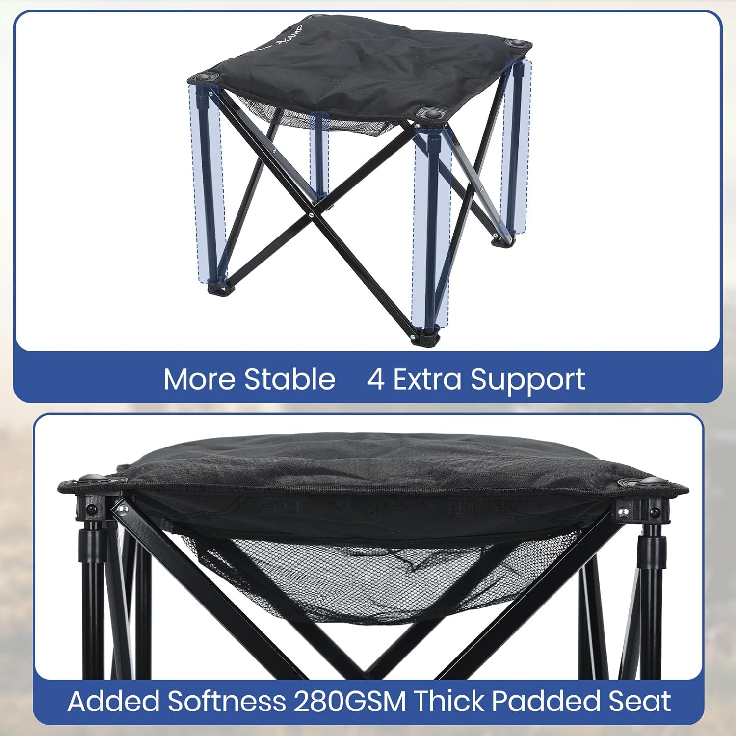 Upgraded Padded Camp Foot Rest, 18.1 Inch Oversized Camping Stool for Lawn Gardening Fishing, 500lbs Heavy Duty Camping Chairs Portable Outdoor Folding Footstool (1, Jet Black-Extra Thick)