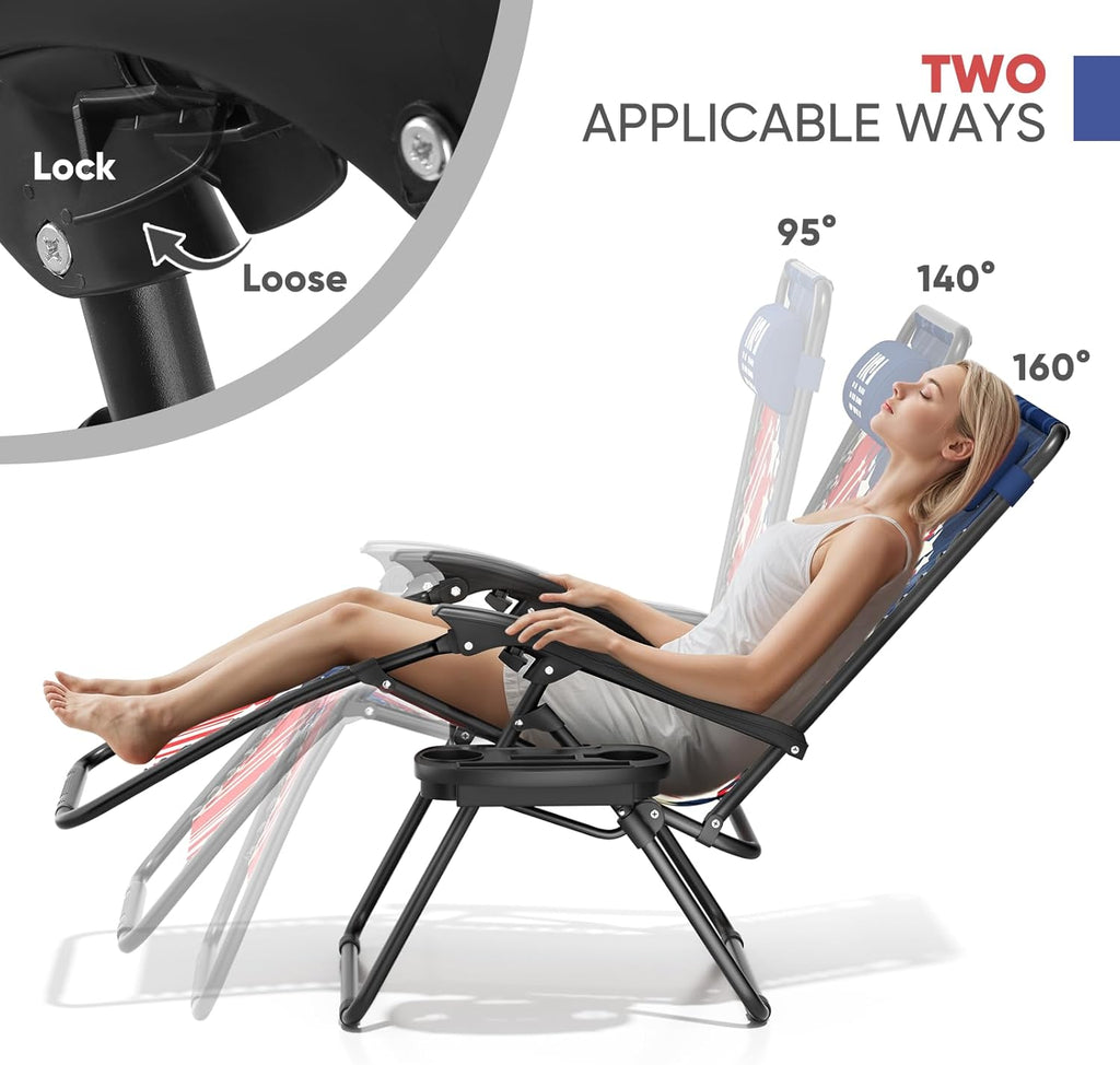 Magshion Zero Gravity Lounge Chair, Adjustable Folding Recliner with Side Tray & Cup Holder, Removable Headrest Pillow, Portable Outdoor Lounger for Camping, Beach, Patio & Backyard, Red White Blue