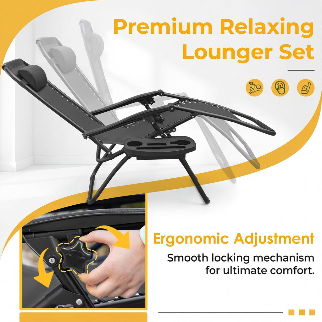 Greesum Zero Gravity Chairs Set of 2 Adjustable Steel Mesh Recliners Beach Deck Lawn Camping Patio Foldable Lounge Chair with Cup Holder Trays and Pillows,Black