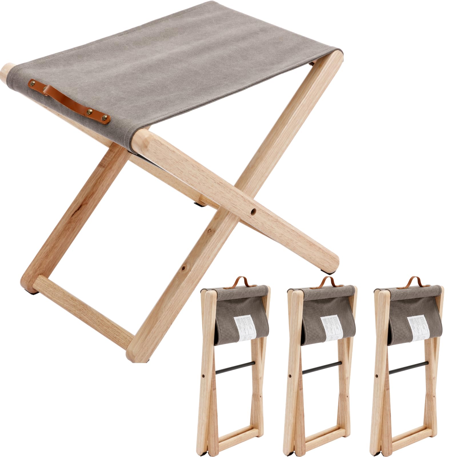Folding Canvas Camp Stools Set of 2, Wood Folding Camping Stool Patio Portable Foot Stool for Garden Outdoor Fishing Picnic Travel BBQ, Grey