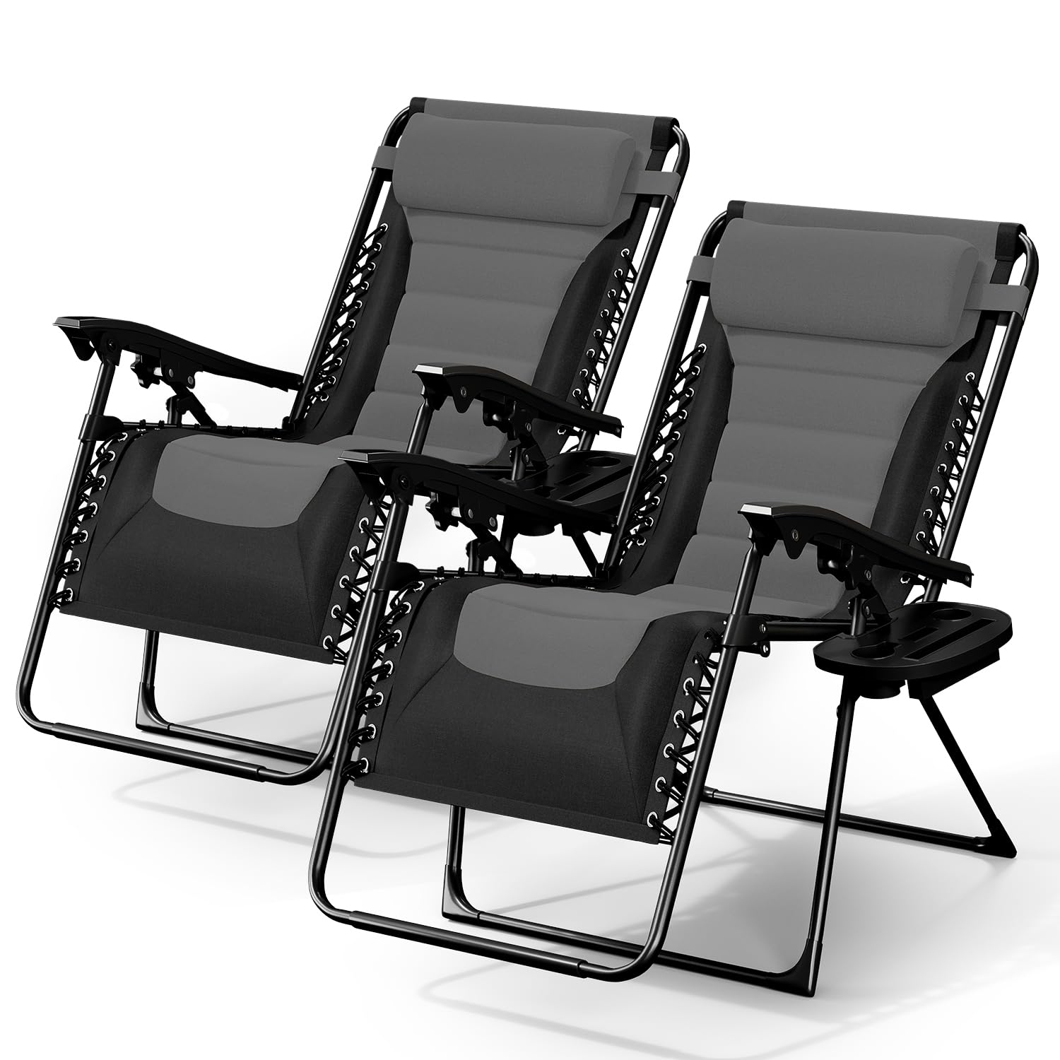 Nestl Outdoor Padded Zero Gravity Chair, Patio Lounge Chair Outdoor Recliner, Oversized Anti Gravity Lounger with Adjustable Headrest and Cup Holder, Foldable for Camping, Yard - Black/Grey