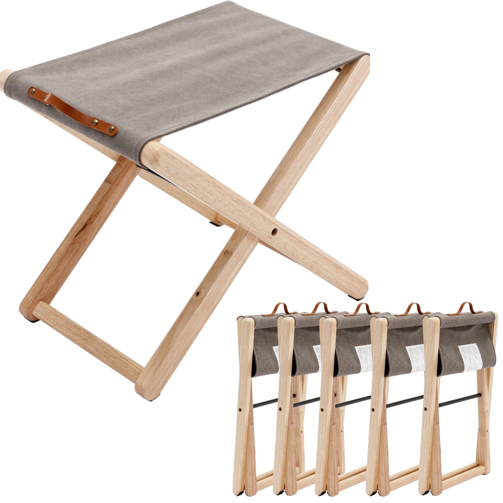 Folding Canvas Camp Stools Set of 2, Wood Folding Camping Stool Patio Portable Foot Stool for Garden Outdoor Fishing Picnic Travel BBQ, Grey