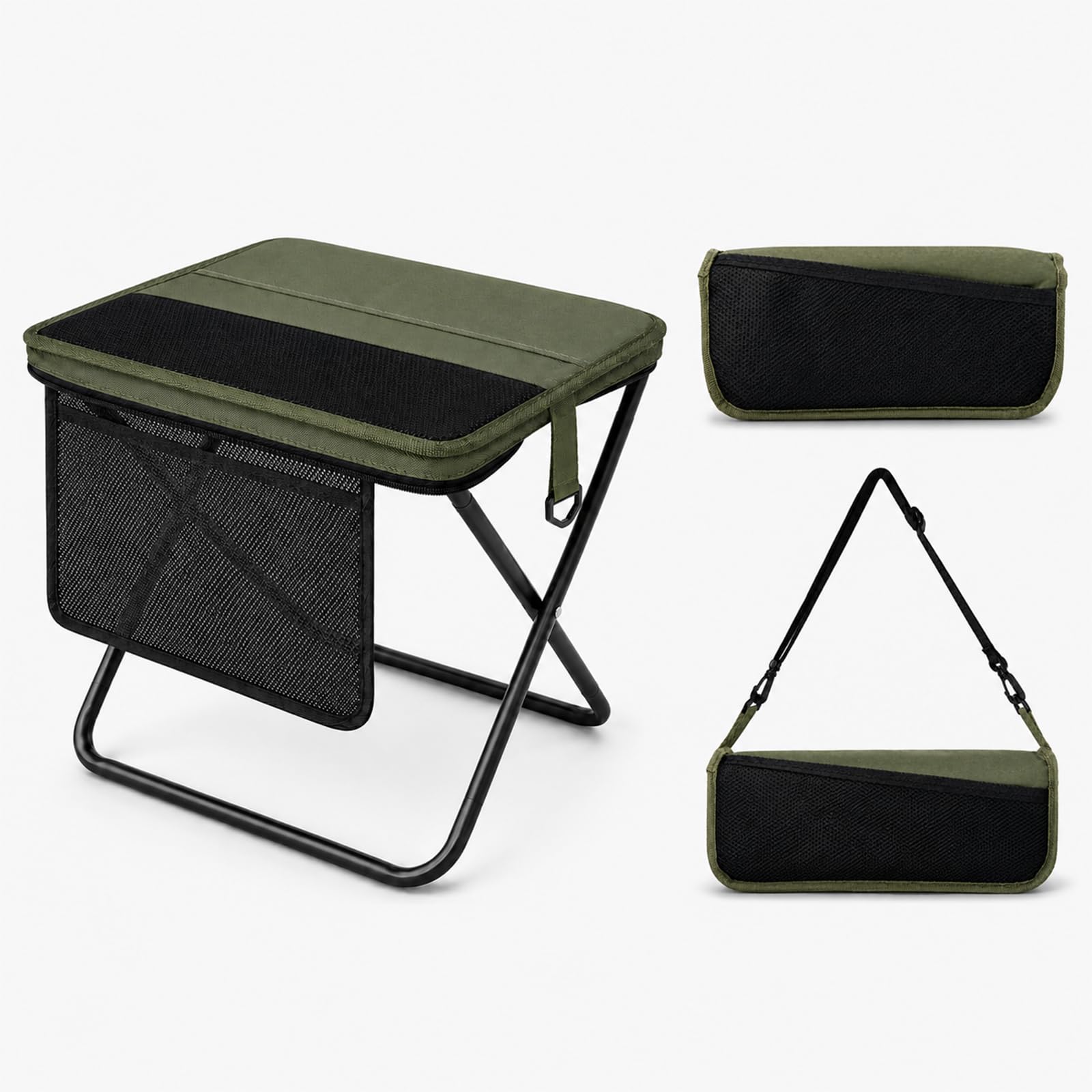 Portable Folding Stool for Adults, 2 Pack Foldable Backpack Stools with Shoulder Strap, 1.77 lb Lightweight Camping Stools, Compact Travel Seats for Fishing, Hiking, Gardening, Festivals, Khaki
