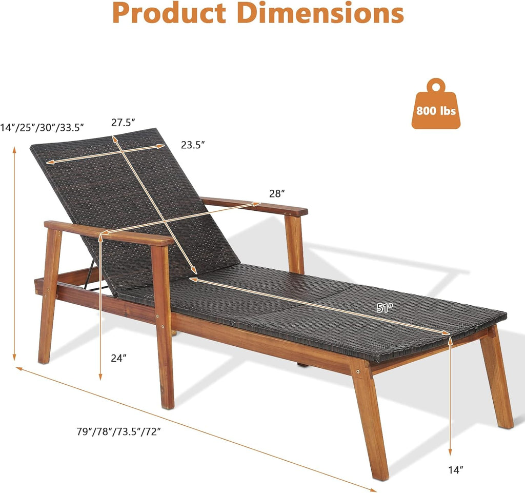 HAPPYGRILL Patio Chaise Lounge Chair, Outdoor Rattan Recliner with 4-Level Adjustable Backrest, Solid Acacia Wood Frame, Ergonomic Lounge Chair for Backyard Poolside Balcony