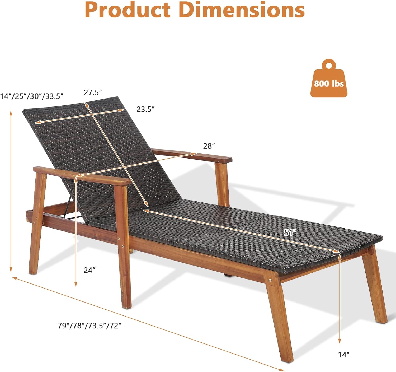 HAPPYGRILL Patio Chaise Lounge Chair, Outdoor Rattan Recliner with 4-Level Adjustable Backrest, Solid Acacia Wood Frame, Ergonomic Lounge Chair for Backyard Poolside Balcony