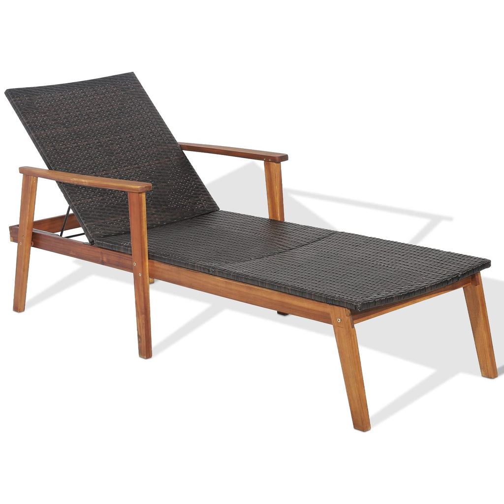 HAPPYGRILL Patio Chaise Lounge Chair, Outdoor Rattan Recliner with 4-Level Adjustable Backrest, Solid Acacia Wood Frame, Ergonomic Lounge Chair for Backyard Poolside Balcony