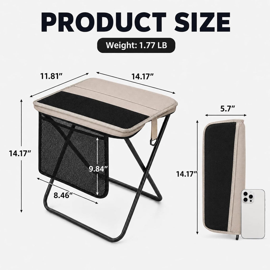 Portable Folding Stool for Adults, 2 Pack Foldable Backpack Stools with Shoulder Strap, 1.77 lb Lightweight Camping Stools, Compact Travel Seats for Fishing, Hiking, Gardening, Festivals, Khaki