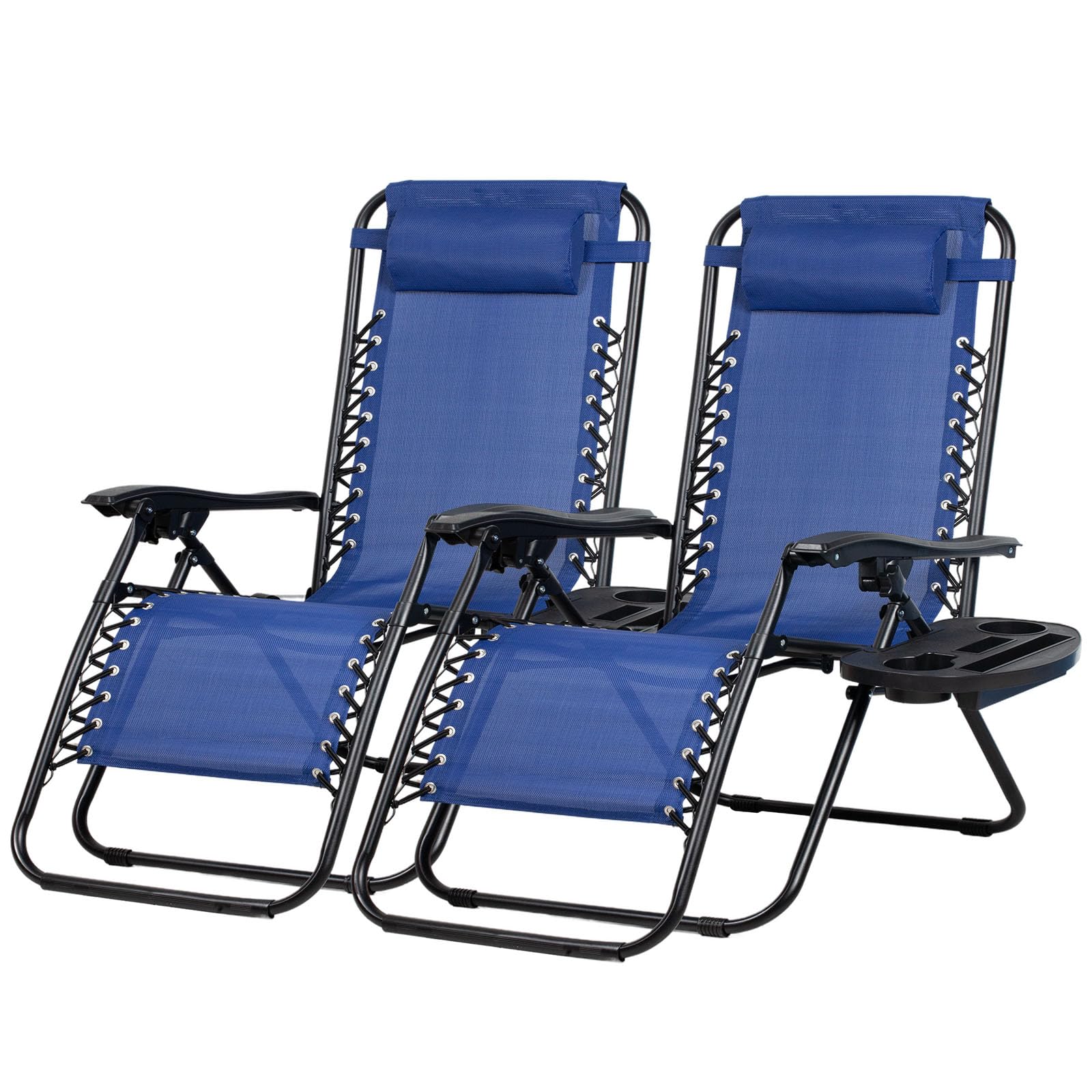 Nazhura Set of 2 Relaxing Recliners Patio Chairs Adjustable Steel Mesh Zero Gravity Lounge Chair Beach Chairs with Pillow and Cup Holder Black