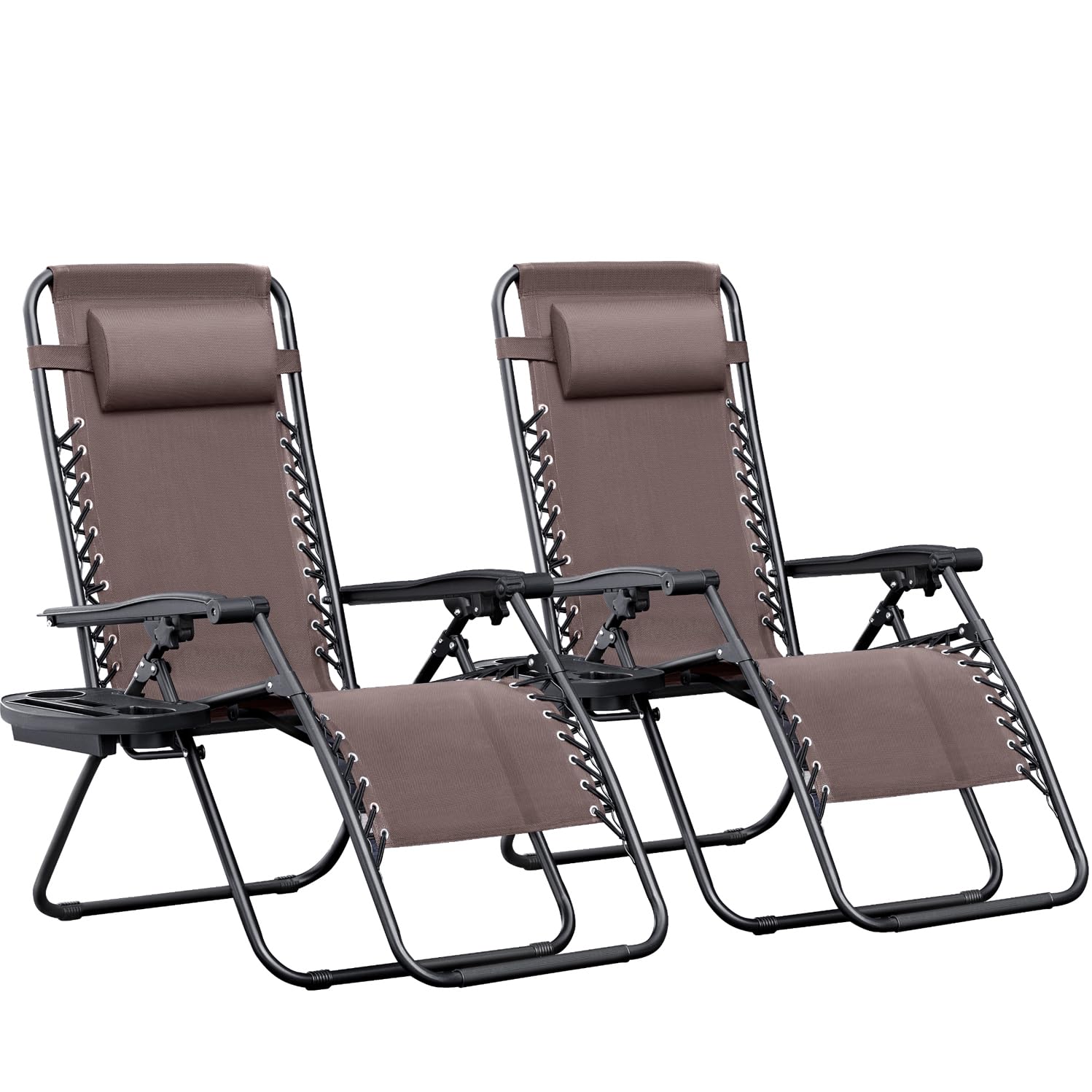 Greesum Zero Gravity Chairs Set of 2 Adjustable Steel Mesh Recliners Beach Deck Lawn Camping Patio Foldable Lounge Chair with Cup Holder Trays and Pillows,Black