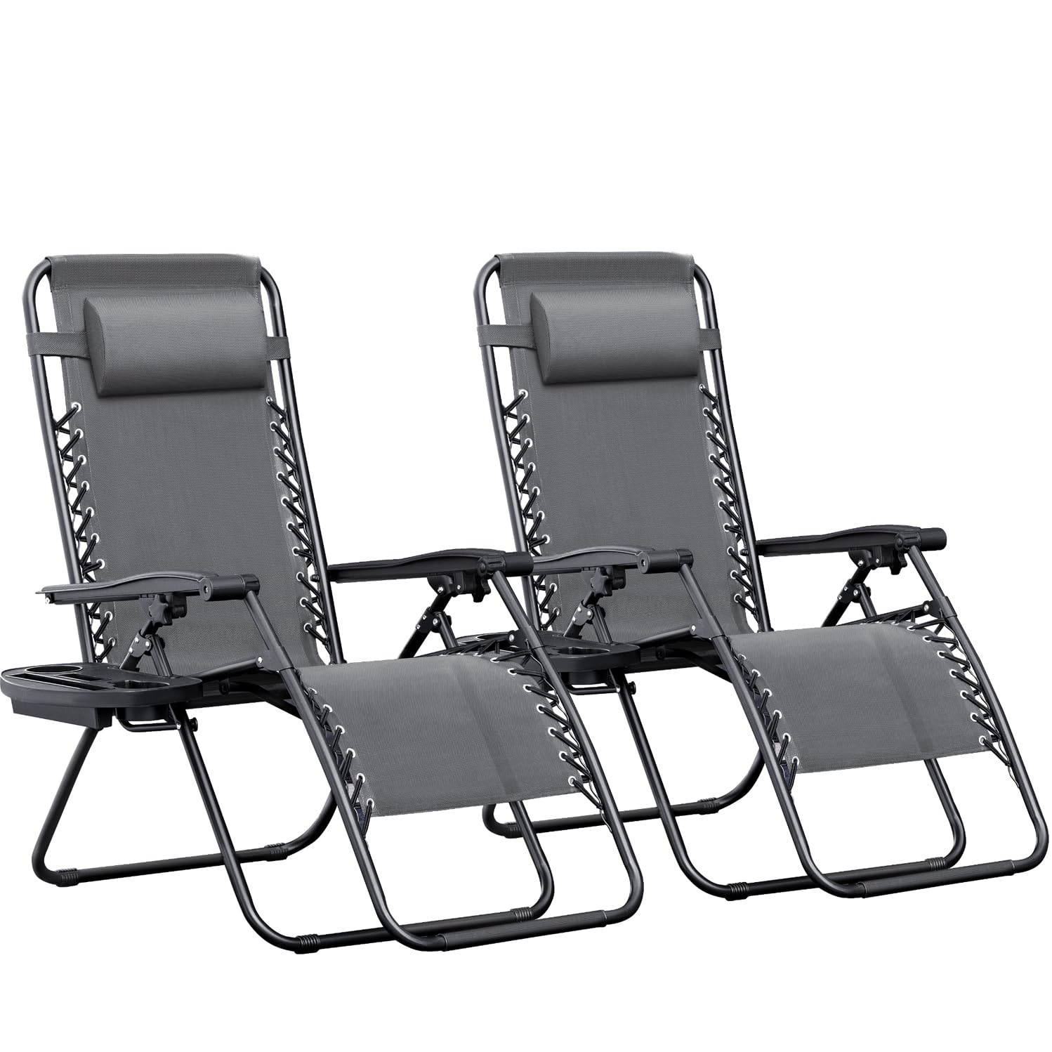 Greesum Zero Gravity Chairs Set of 2 Adjustable Steel Mesh Recliners Beach Deck Lawn Camping Patio Foldable Lounge Chair with Cup Holder Trays and Pillows,Black