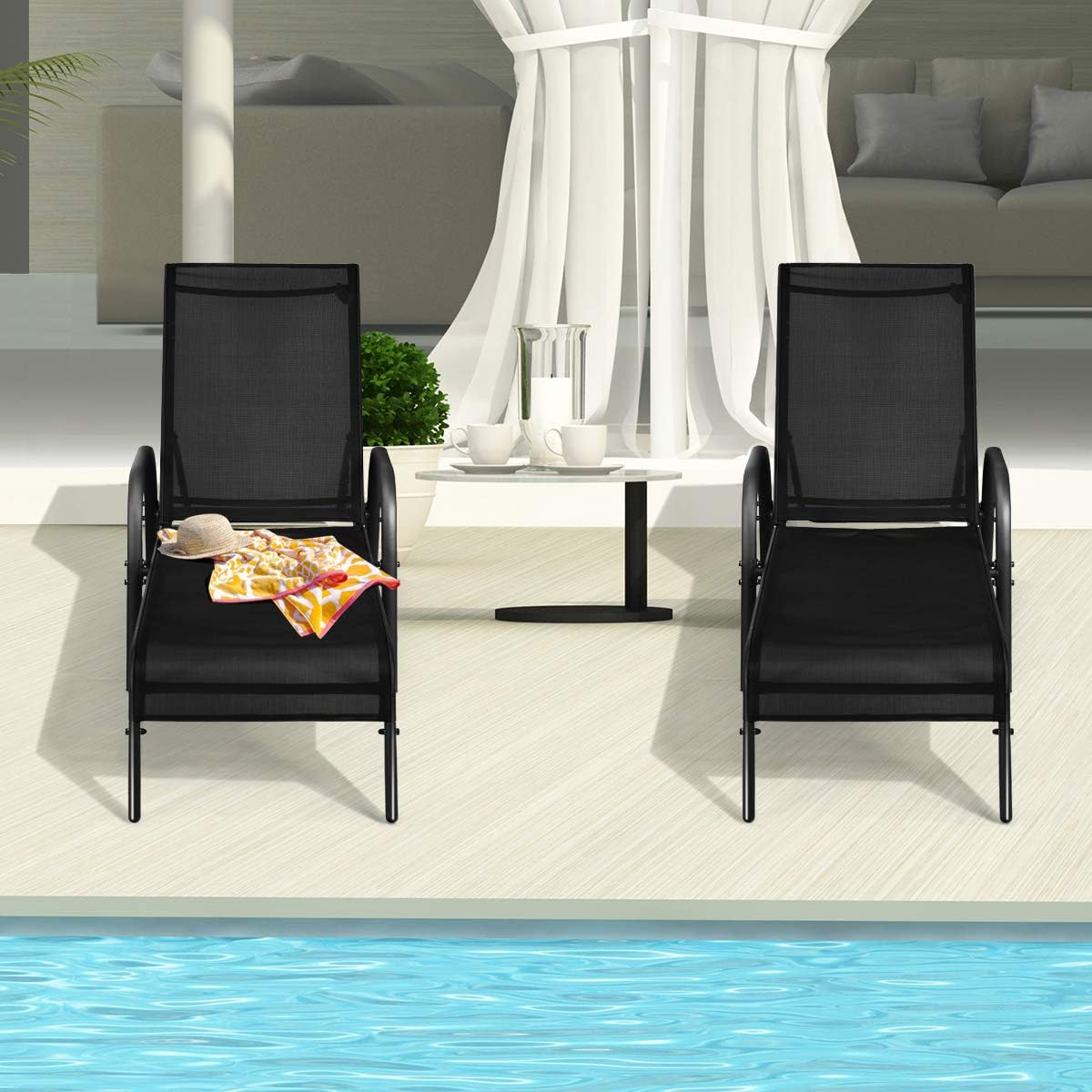COSTWAY Outdoor Lounge Chairs Set of 2, Patio Chaise Lounge Recliner with Heavy Duty Steel Frame, 5-Position Adjustable Backrest for Deck, Beach, Pool (2, Black)