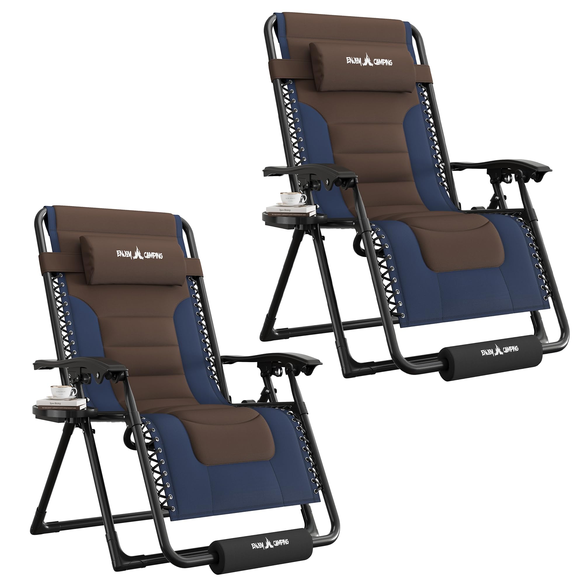 UDPATIO Zero Gravity Chair Oversized Outdoor Anti Gravity Chairs Patio Lounge Folding Adjustable Chair with Cup Holder, Foot Pad & Padded Headrest (2, Blue/Brown, 33in)