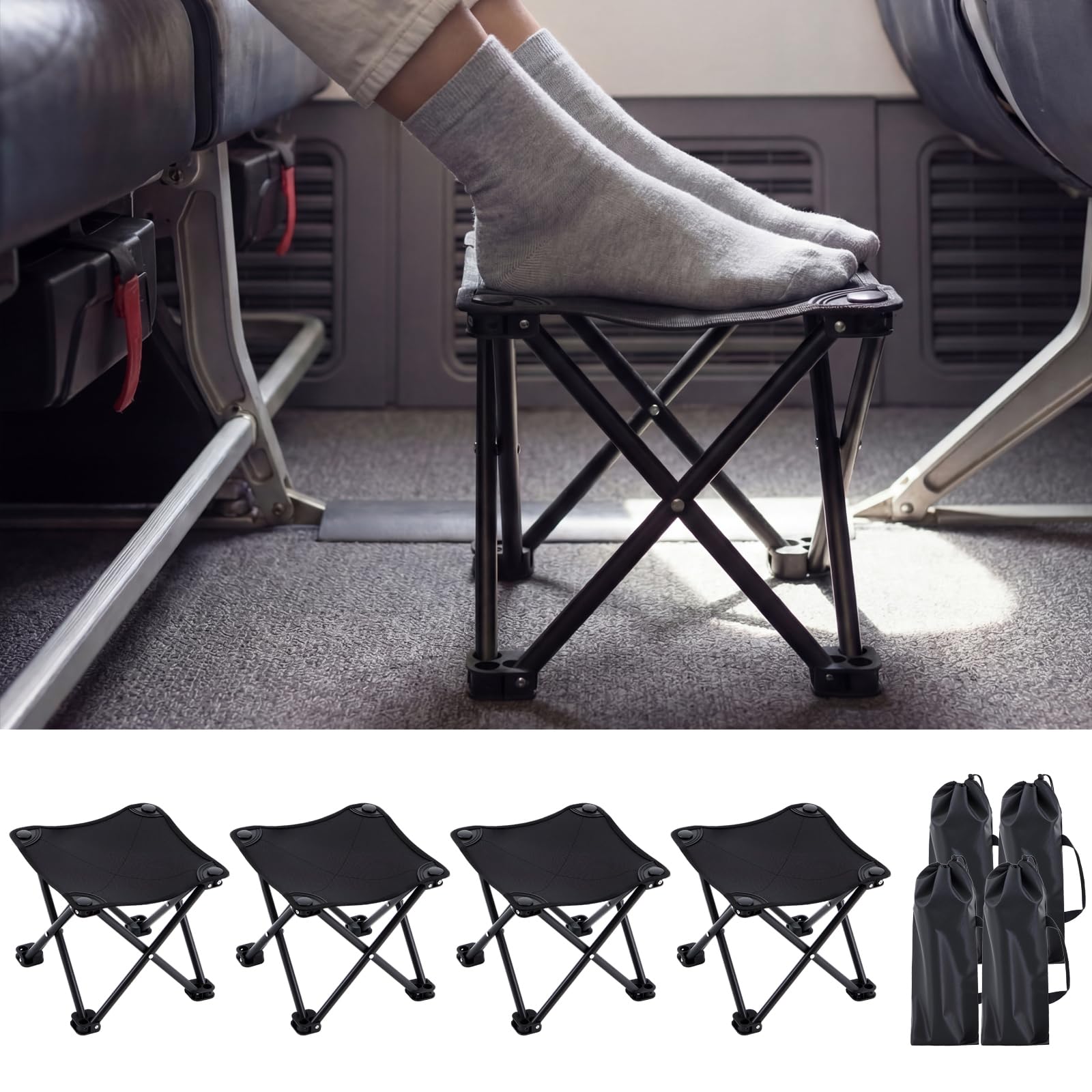 Ripeng 4 Pcs Portable Airplane Travel Foot Rest, Folding Camping Stool, Under Desk Foot Rest at Work for Long Flight, Home and Office Outdoor Hiking Fishing with Carry Bag (Black)