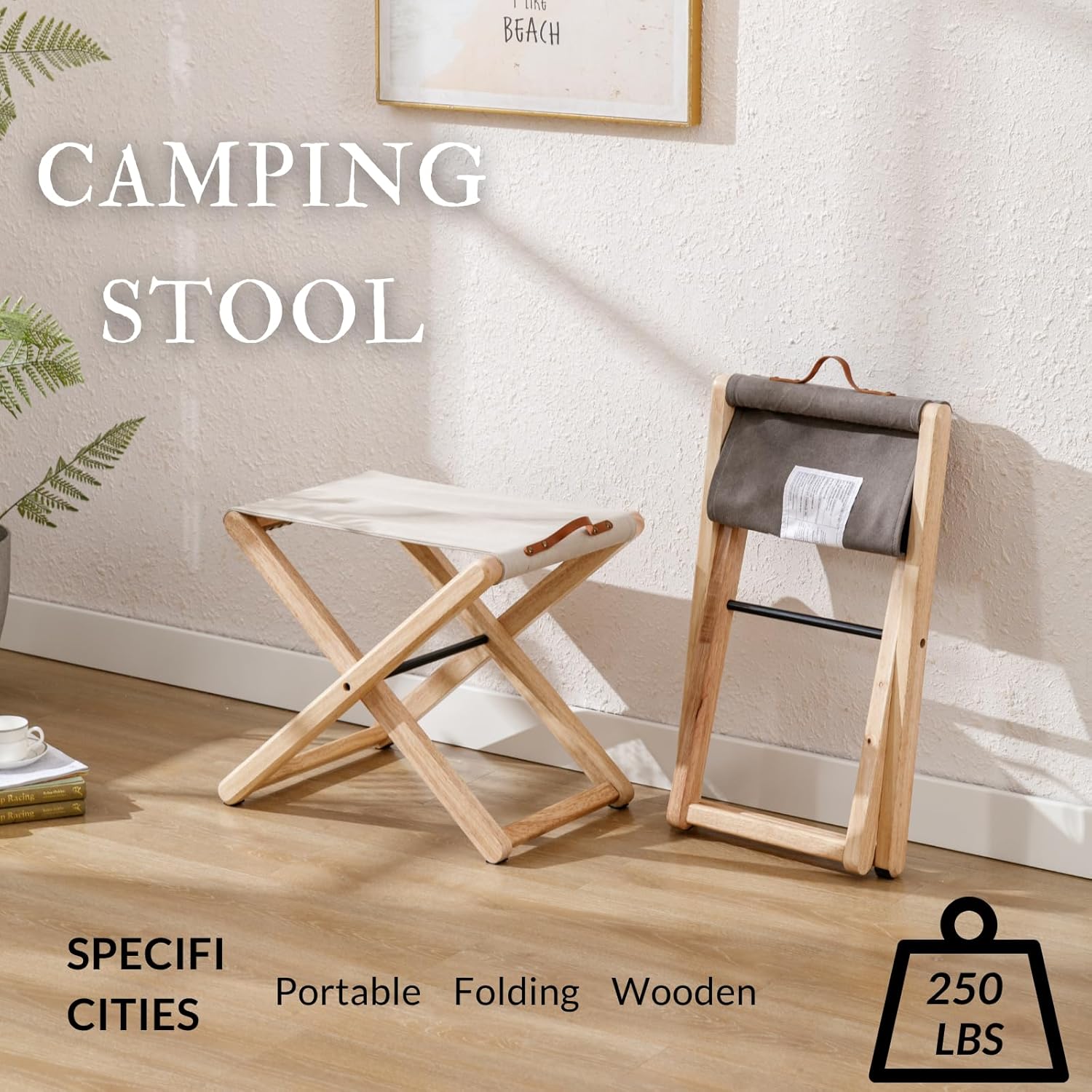 Folding Canvas Camp Stools Set of 2, Wood Folding Camping Stool Patio Portable Foot Stool for Garden Outdoor Fishing Picnic Travel BBQ, Grey