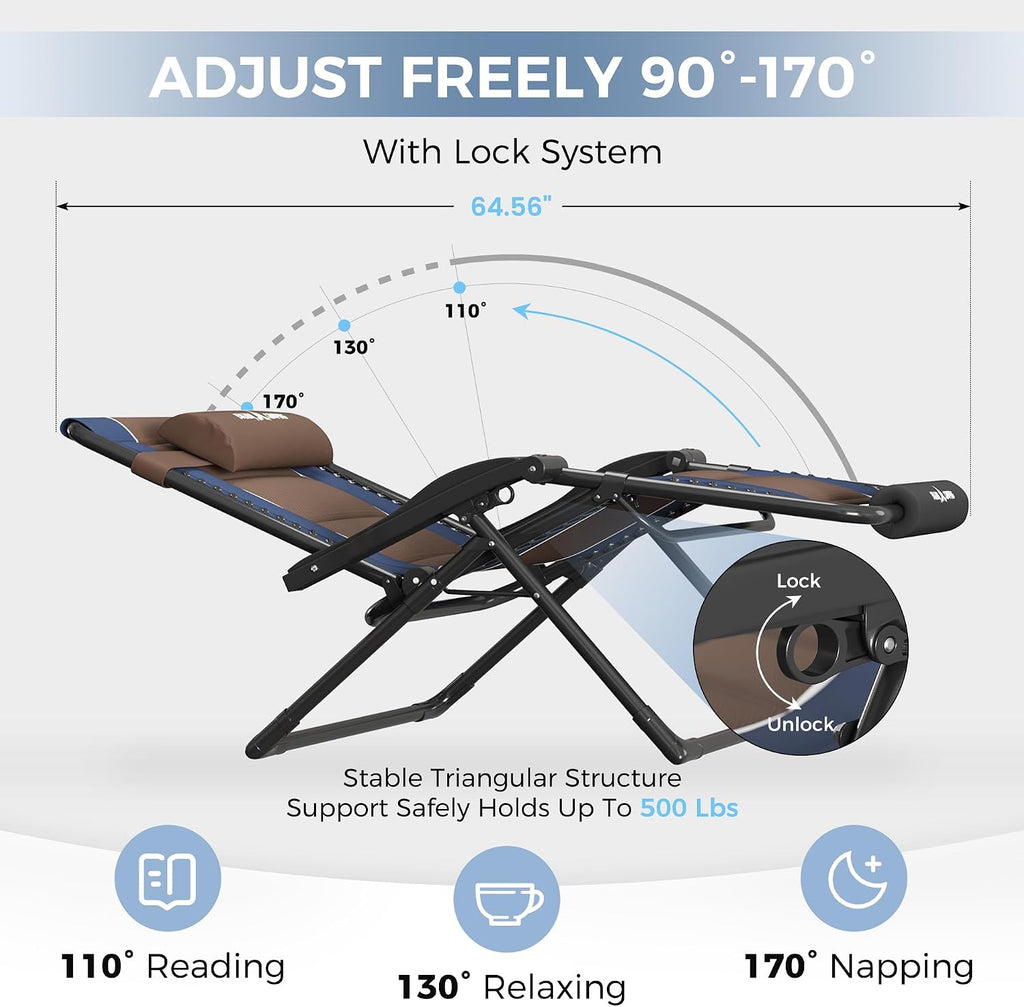 UDPATIO Zero Gravity Chair Oversized Outdoor Anti Gravity Chairs Patio Lounge Folding Adjustable Chair with Cup Holder, Foot Pad & Padded Headrest (2, Blue/Brown, 33in)