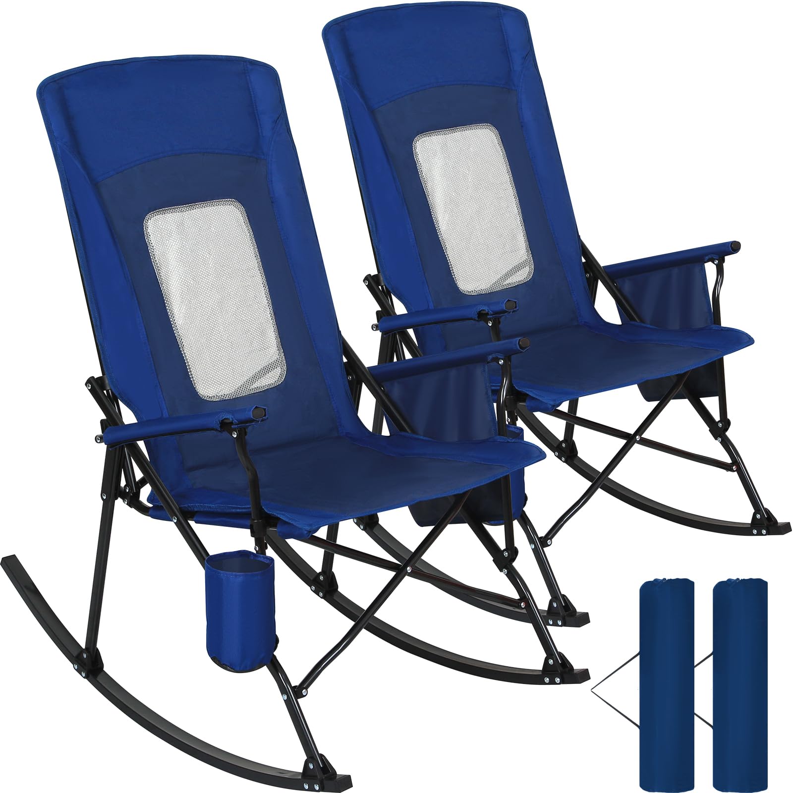 Romswi 2PCS Folding Rocking Camping Chair for Adults, Heavy Duty XL Padded Rocker with High Back, Portable Outdoor Rocking Chair for Patio, Lawn, Garden, Beach Up tp 400 lbs, Blue