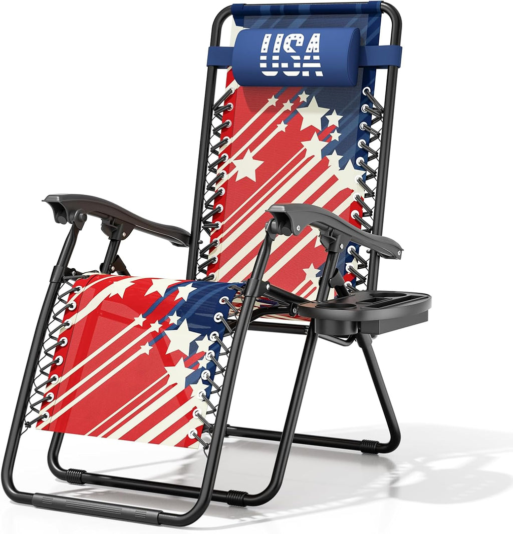 Magshion Zero Gravity Lounge Chair, Adjustable Folding Recliner with Side Tray & Cup Holder, Removable Headrest Pillow, Portable Outdoor Lounger for Camping, Beach, Patio & Backyard, Red White Blue