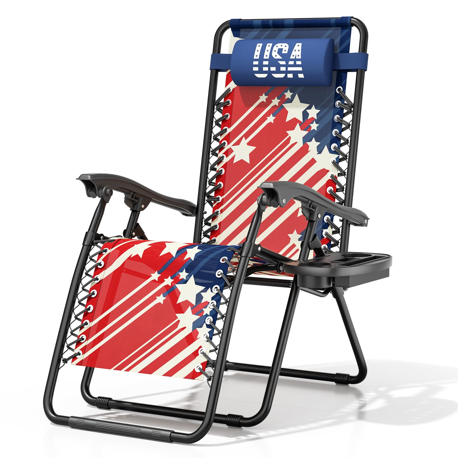 Magshion Zero Gravity Lounge Chair, Adjustable Folding Recliner with Side Tray & Cup Holder, Removable Headrest Pillow, Portable Outdoor Lounger for Camping, Beach, Patio & Backyard, Red White Blue