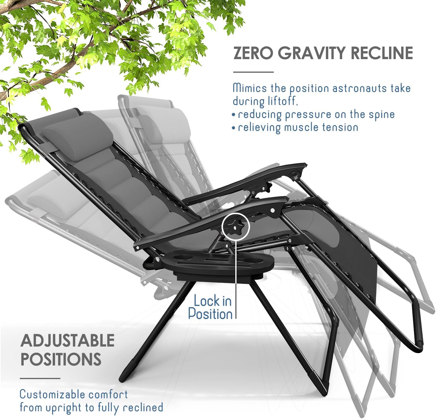 Nestl Outdoor Padded Zero Gravity Chair, Patio Lounge Chair Outdoor Recliner, Oversized Anti Gravity Lounger with Adjustable Headrest and Cup Holder, Foldable for Camping, Yard - Black/Grey