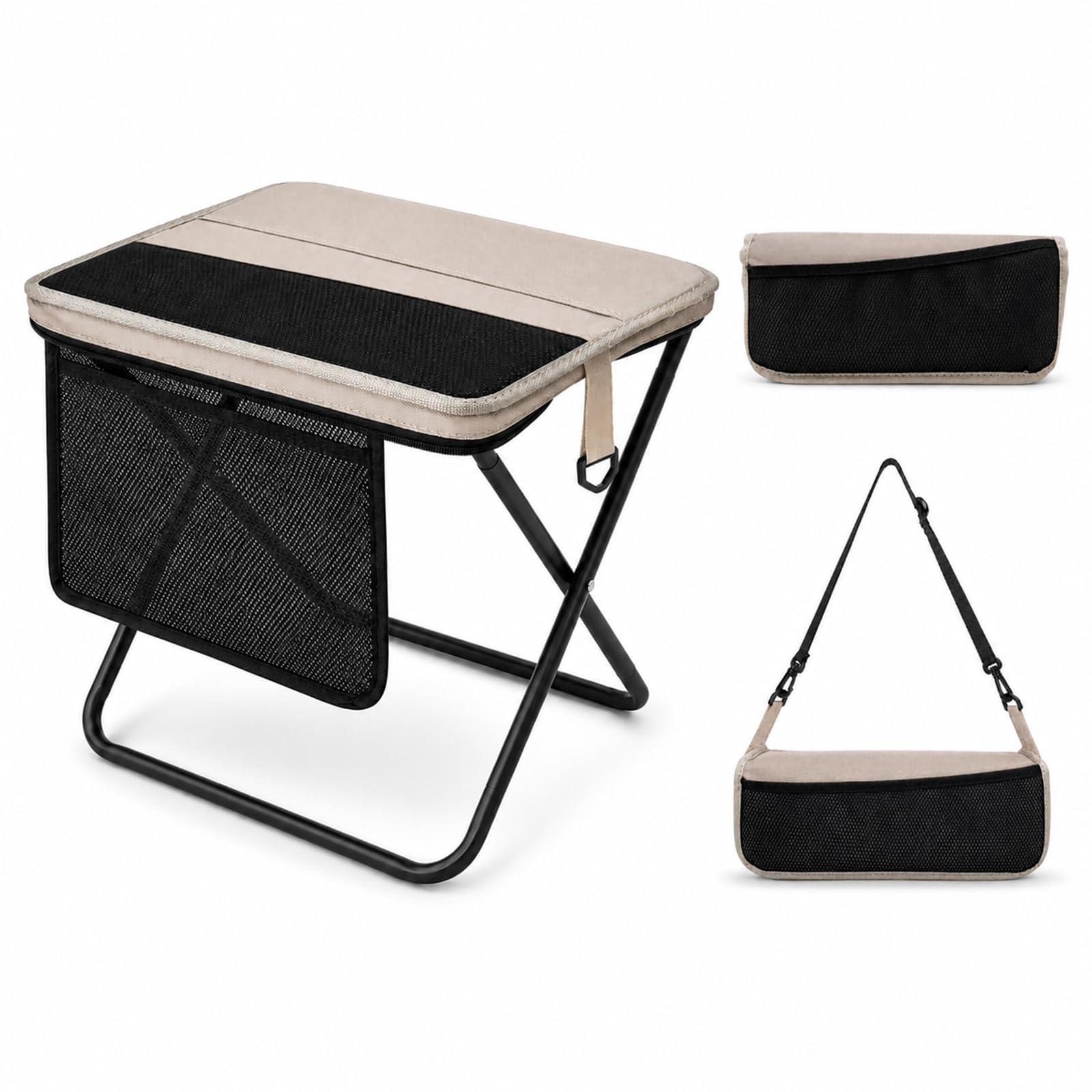 Portable Folding Stool for Adults, 2 Pack Foldable Backpack Stools with Shoulder Strap, 1.77 lb Lightweight Camping Stools, Compact Travel Seats for Fishing, Hiking, Gardening, Festivals, Khaki