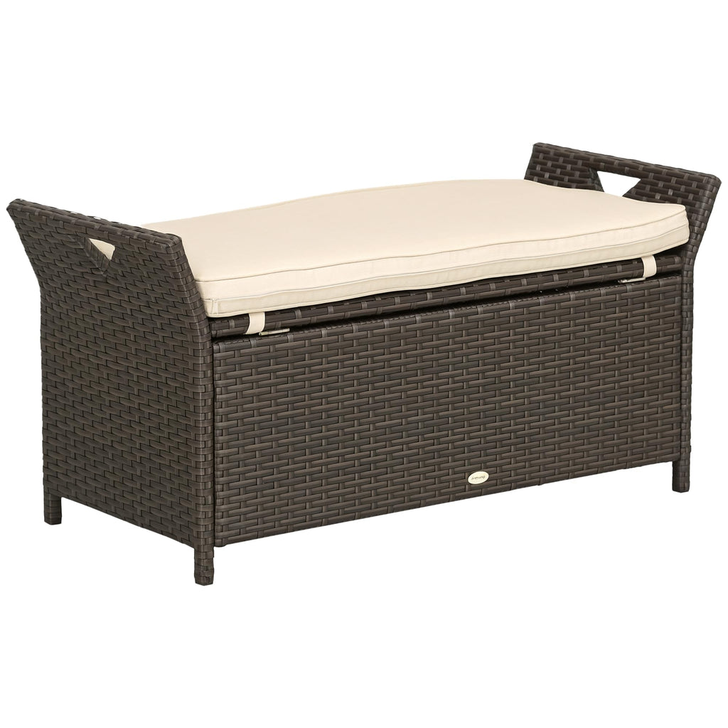 Outsunny 29 Gallon Patio Wicker Storage Bench, Outdoor PE Rattan Furniture, 2-in-1 Large Capacity Rectangle Garden Storage Box with Handles and Cushion, Dark Blue