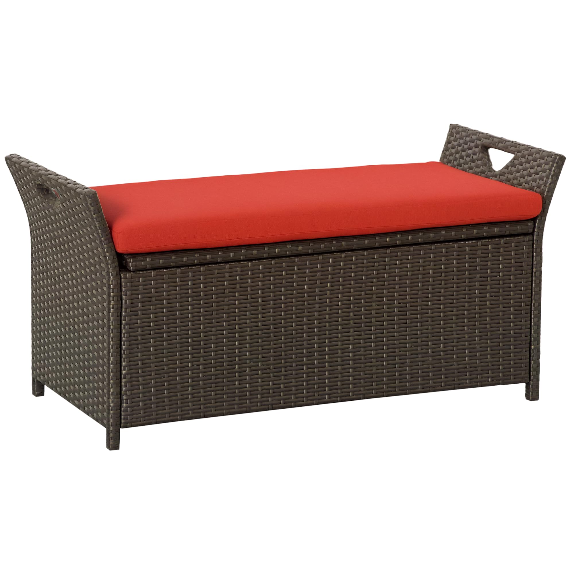Outsunny 29 Gallon Patio Wicker Storage Bench, Outdoor PE Rattan Furniture, 2-in-1 Large Capacity Rectangle Garden Storage Box with Handles and Cushion, Dark Blue