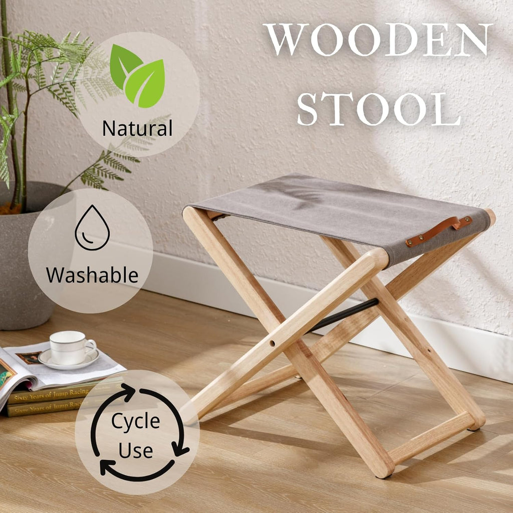 Folding Canvas Camp Stools Set of 2, Wood Folding Camping Stool Patio Portable Foot Stool for Garden Outdoor Fishing Picnic Travel BBQ, Grey