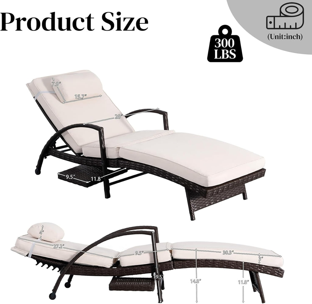 2-Pack White PE Rattan Chaise Lounge, 6-Position Adjustable with Side Table