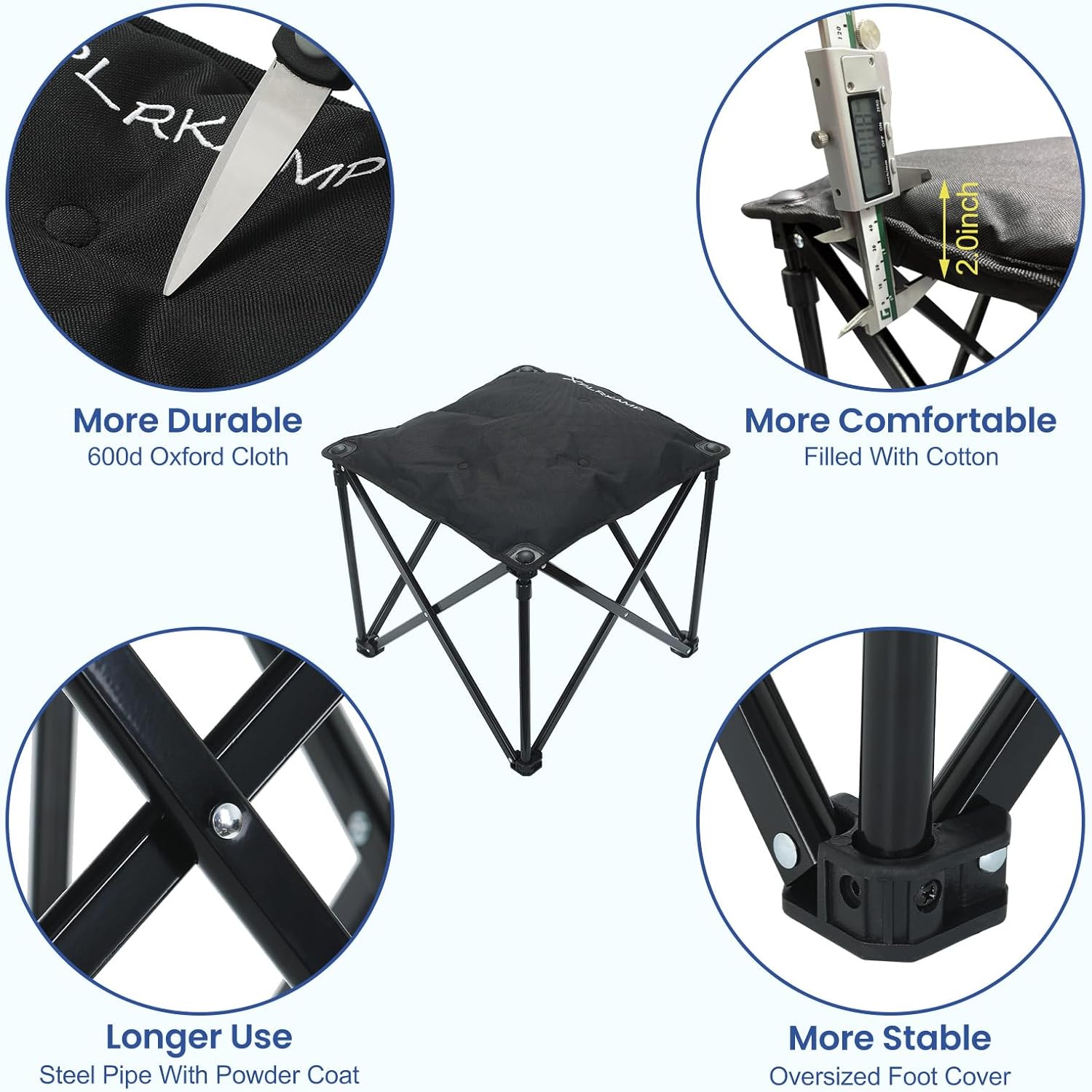 Upgraded Padded Camp Foot Rest, 18.1 Inch Oversized Camping Stool for Lawn Gardening Fishing, 500lbs Heavy Duty Camping Chairs Portable Outdoor Folding Footstool (1, Jet Black-Extra Thick)