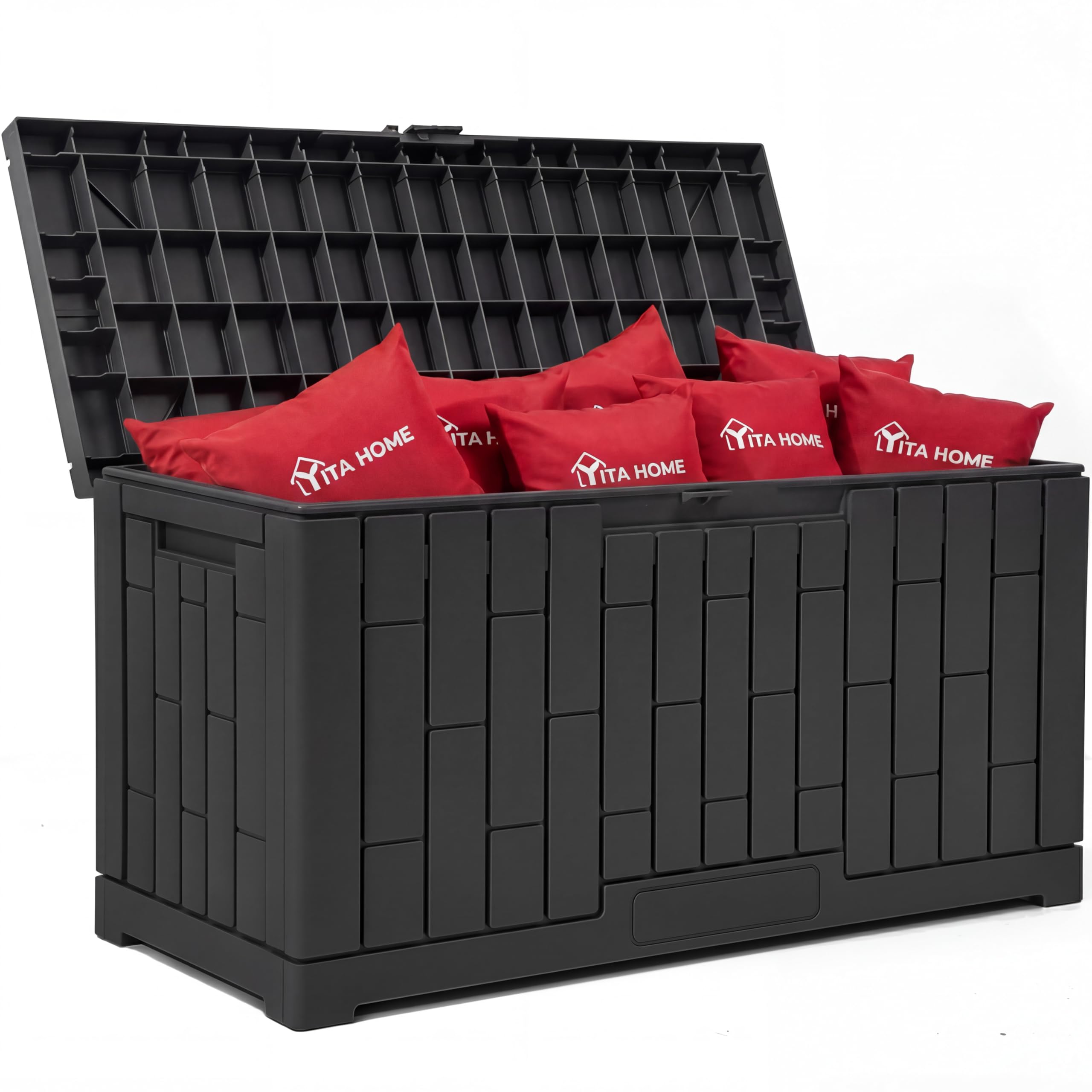 YITAHOME 70 Gallon Deck Bench with Storage, Outdoor Storage Box Bench with Armrests for Patio Garden Pool Porch, Waterproof&Lockable, Light Brown