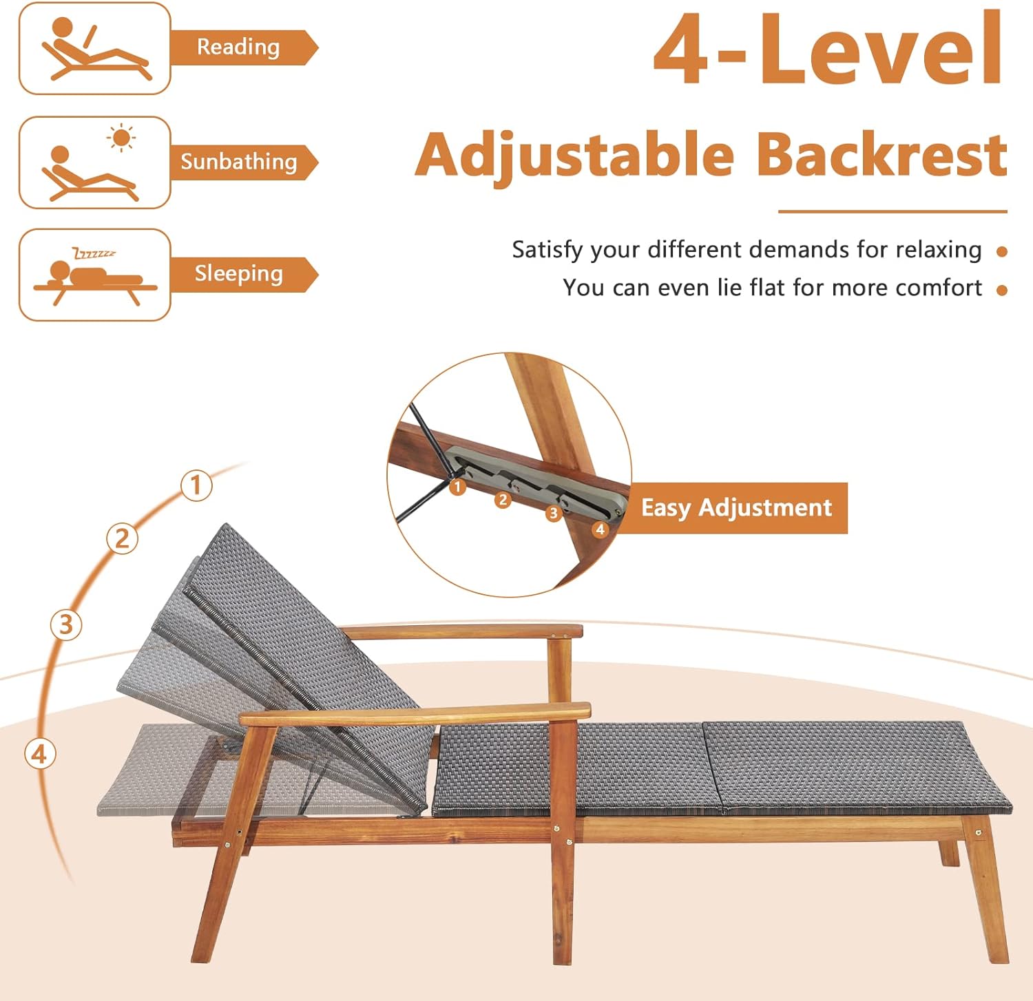 HAPPYGRILL Patio Chaise Lounge Chair, Outdoor Rattan Recliner with 4-Level Adjustable Backrest, Solid Acacia Wood Frame, Ergonomic Lounge Chair for Backyard Poolside Balcony