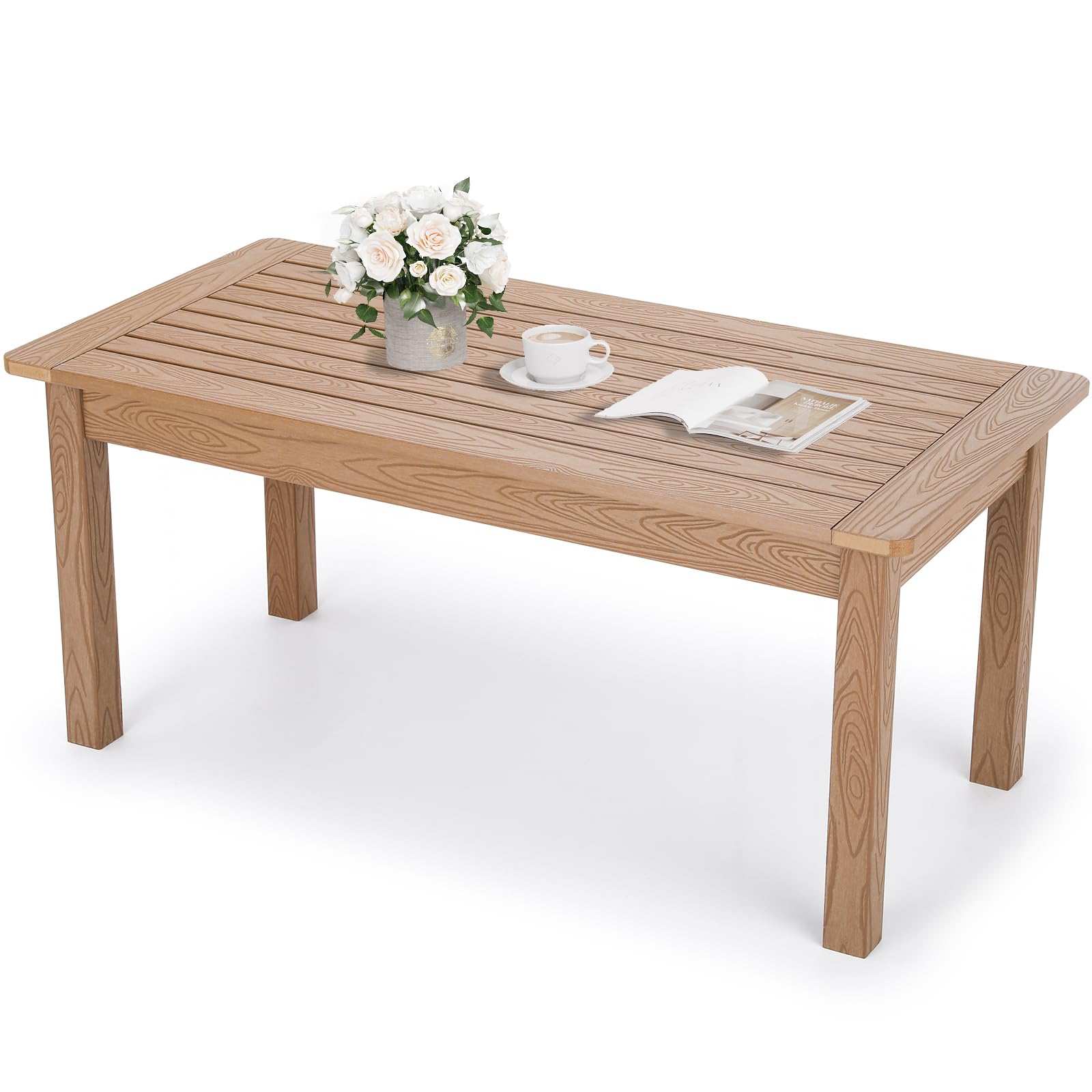 Stoog All-Weather Outdoor Coffee Table, HIPS Patio Coffee Tables for Outdoor, Modern Rectangle End Table for Backyard, Porch, Garden, Pool & Deck, Teak