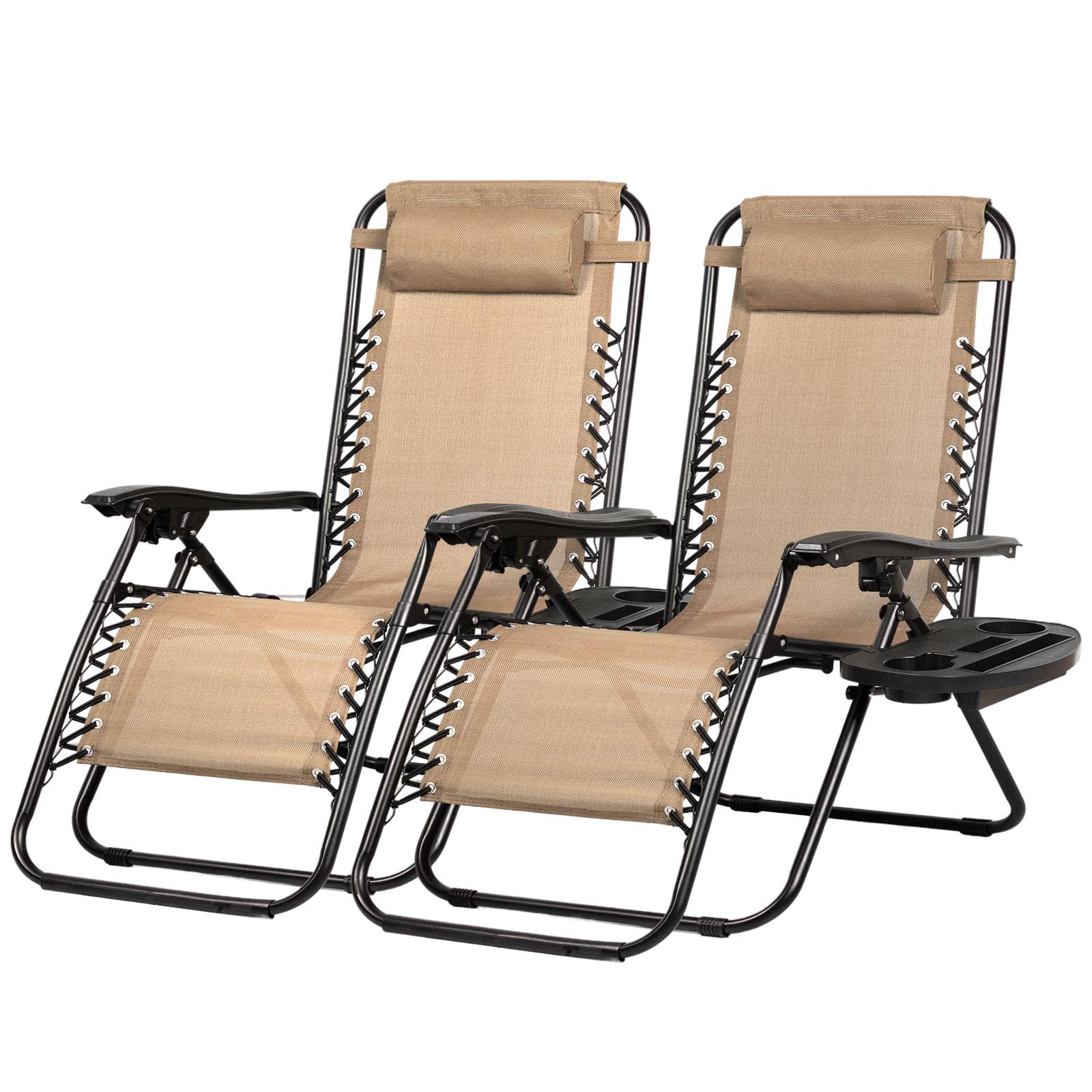 Nazhura Set of 2 Relaxing Recliners Patio Chairs Adjustable Steel Mesh Zero Gravity Lounge Chair Beach Chairs with Pillow and Cup Holder Black
