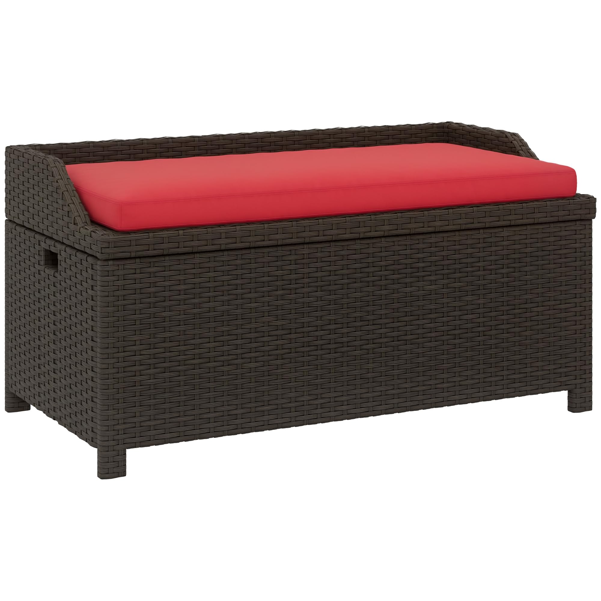 Outsunny 38 Gallon Outdoor Wicker Storage Bench Deck Box, PE Rattan Patio Furniture Pool Storage Bin Container with Interior Waterproof Cloth Bag and Comfortable Cushion, White