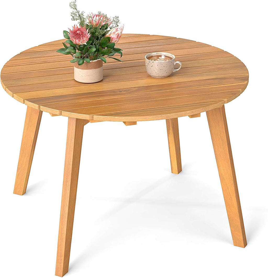 Tangkula Outdoor Side Table, 24.5 Inch Acacia Wood Round Accent Bistro Patio Table with Slatted Tabletop, for Backyard, Balcony, Poolside, Garden (1)