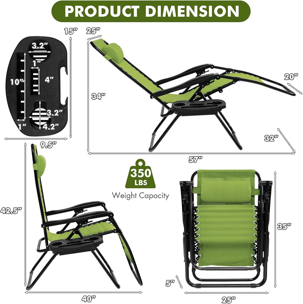 Giantex Zero Gravity Reclining Chair, Outdoor Patio Recliner with Cup Holder & Removable Pillow, Adjustable Backrest, Indoor Lounge Chair for Backyard, Garden, Poolside (Green)