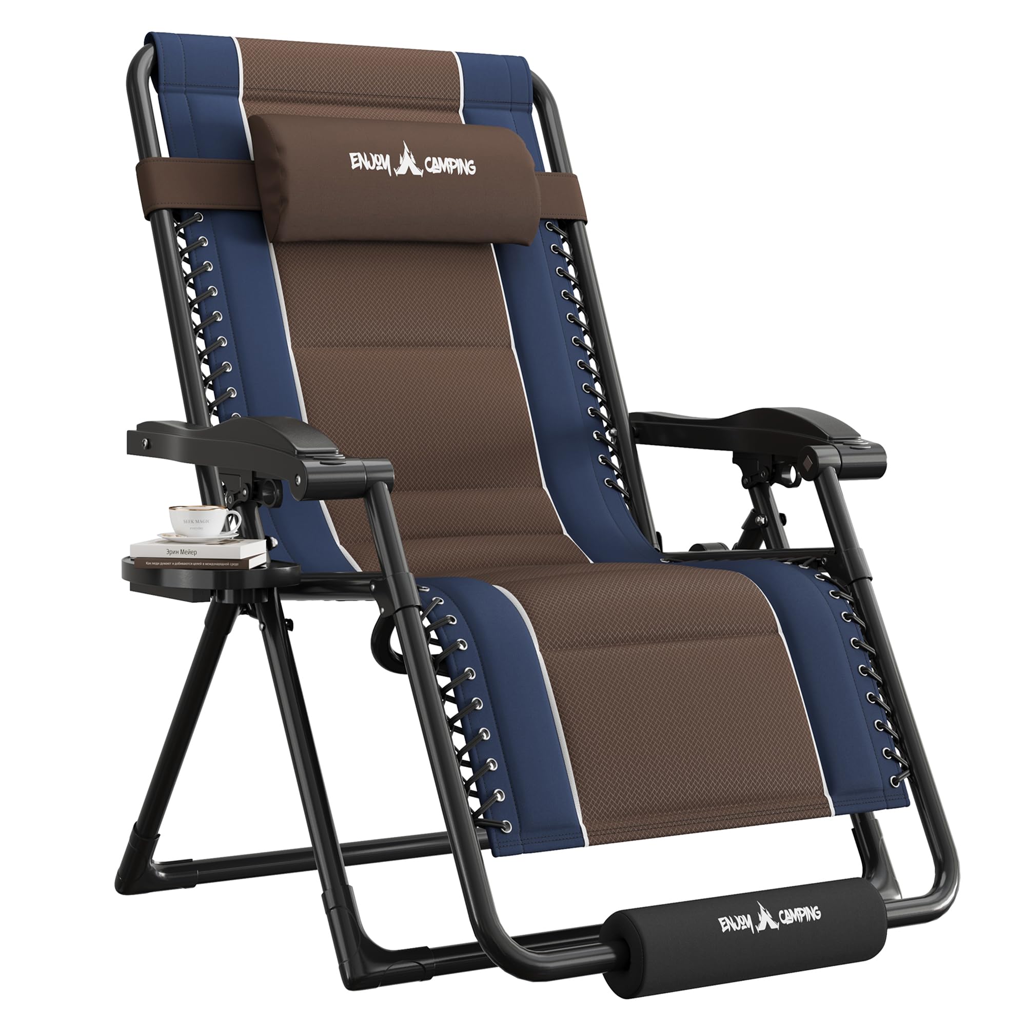 UDPATIO Zero Gravity Chair Oversized Outdoor Anti Gravity Chairs Patio Lounge Folding Adjustable Chair with Cup Holder, Foot Pad & Padded Headrest (2, Blue/Brown, 33in)