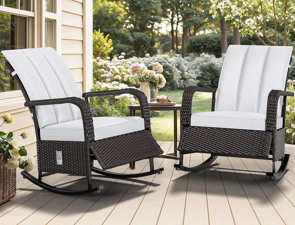 YITAHOME Outdoor Rocking Chair, Wicker Lounge Chair with Adjustment Backrest, PE Rattan Patio Recliner with Adjustable Footrest and Soft Cushions, Ideal for Garden Backyard Porch Patio