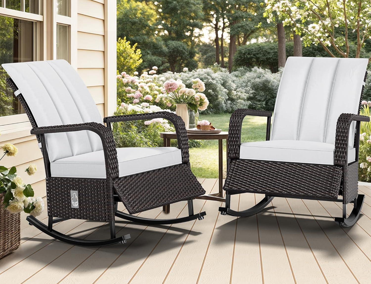 YITAHOME Outdoor Rocking Chair, Wicker Lounge Chair with Adjustment Backrest, PE Rattan Patio Recliner with Adjustable Footrest and Soft Cushions, Ideal for Garden Backyard Porch Patio