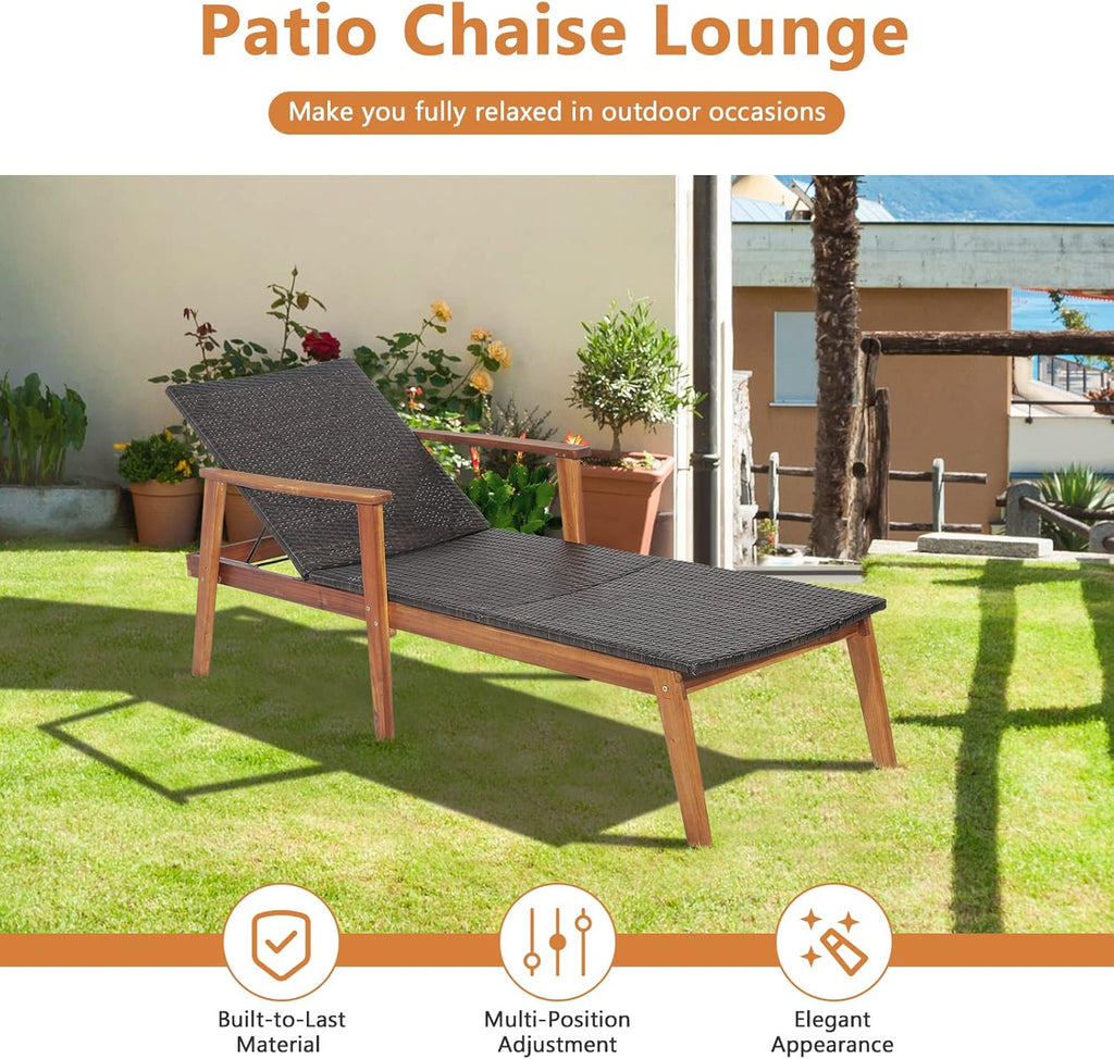 HAPPYGRILL Patio Chaise Lounge Chair, Outdoor Rattan Recliner with 4-Level Adjustable Backrest, Solid Acacia Wood Frame, Ergonomic Lounge Chair for Backyard Poolside Balcony