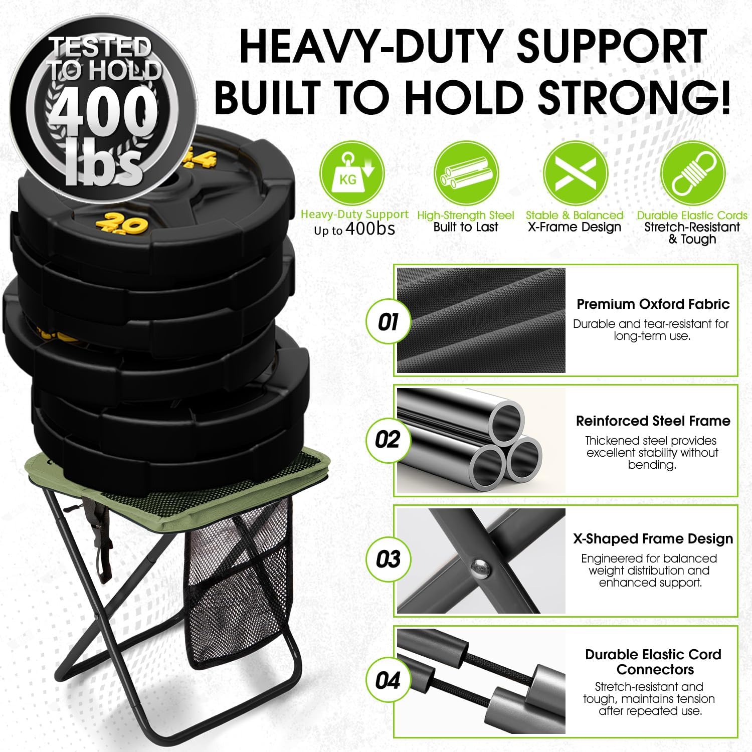 CAMDOOR Portable Collapsible Stool, 16″Folding Stool with 3 Side Pockets and Shoulder Strap, Extra Large Camping Chair Supports 400 lbs, Ultralight Portable Seat for Outdoor, Hiking, Fishing (Green)
