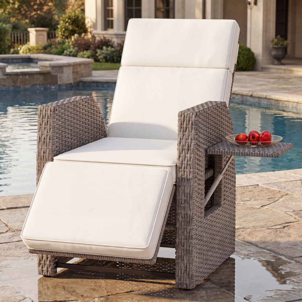 YITAHOME Outdoor Recliner Chair, Wicker Recliner Chair w/150° Reclining, Adjustable Footrest, Flip Table, Reclining Lounge Chair with 2.8" Thick Cushions for Deck Backyard Pool Side, Beige
