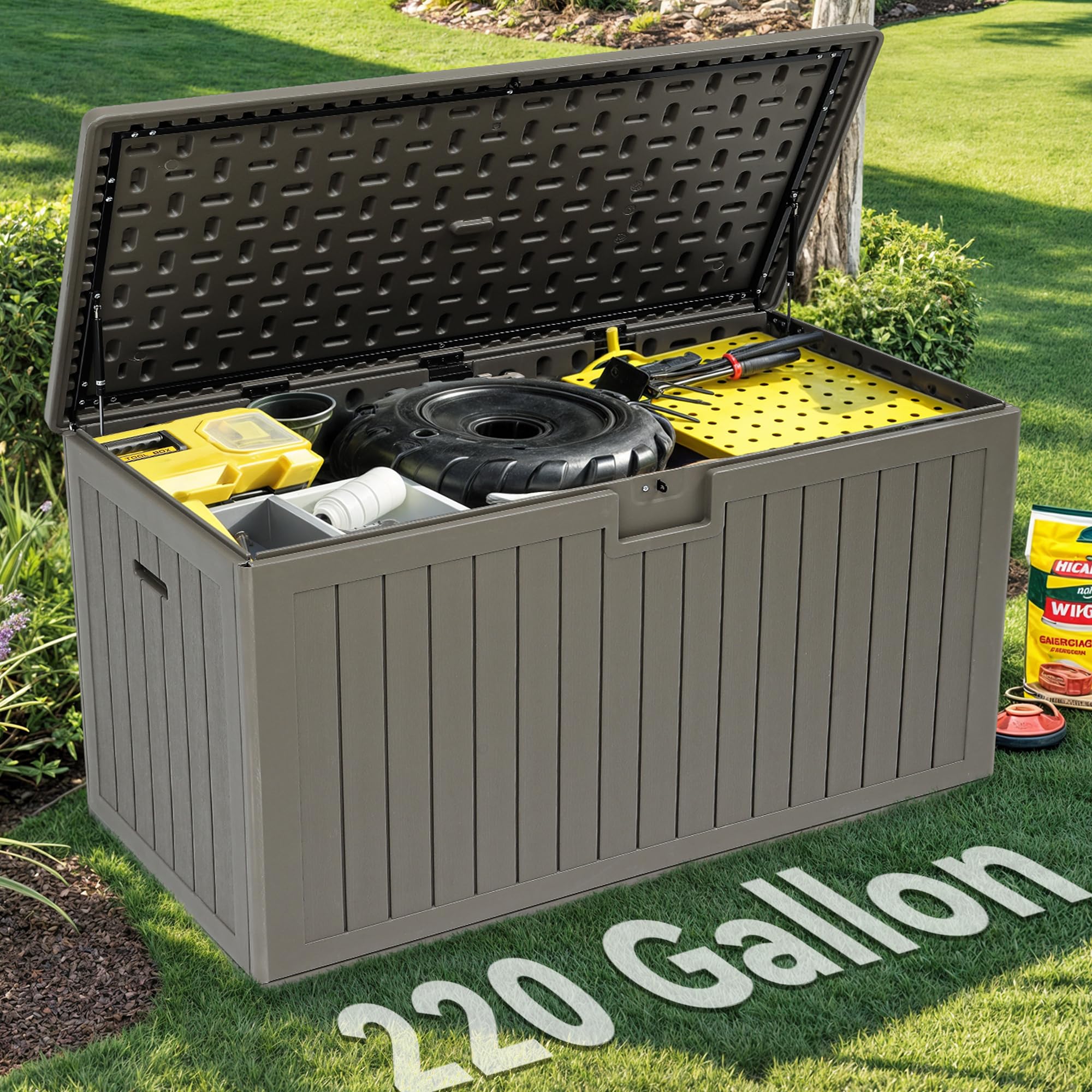 YITAHOME 70 Gallon Deck Bench with Storage, Outdoor Storage Box Bench with Armrests for Patio Garden Pool Porch, Waterproof&Lockable, Light Brown