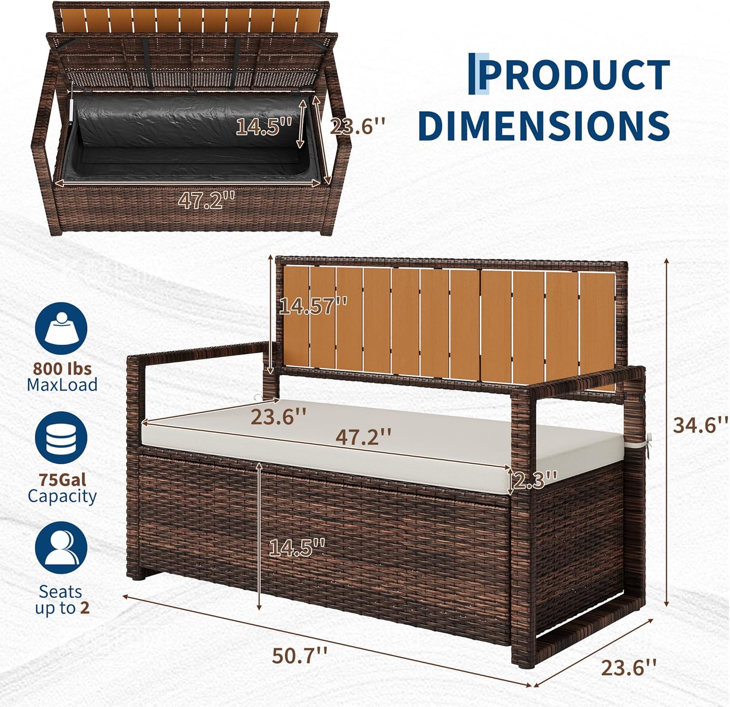 75 Gallon Deck Box Organizer, PE Rattan Storage Bench with Backrest & Waterproof Cushion, Patio Seat with Wood Armrests & Metal Frame for Porch, Backyard, Garden, Poolside