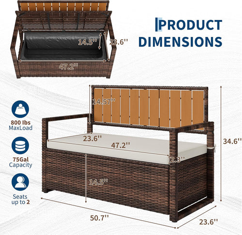 75 Gallon Deck Box Organizer, PE Rattan Storage Bench with Backrest & Waterproof Cushion, Patio Seat with Wood Armrests & Metal Frame for Porch, Backyard, Garden, Poolside