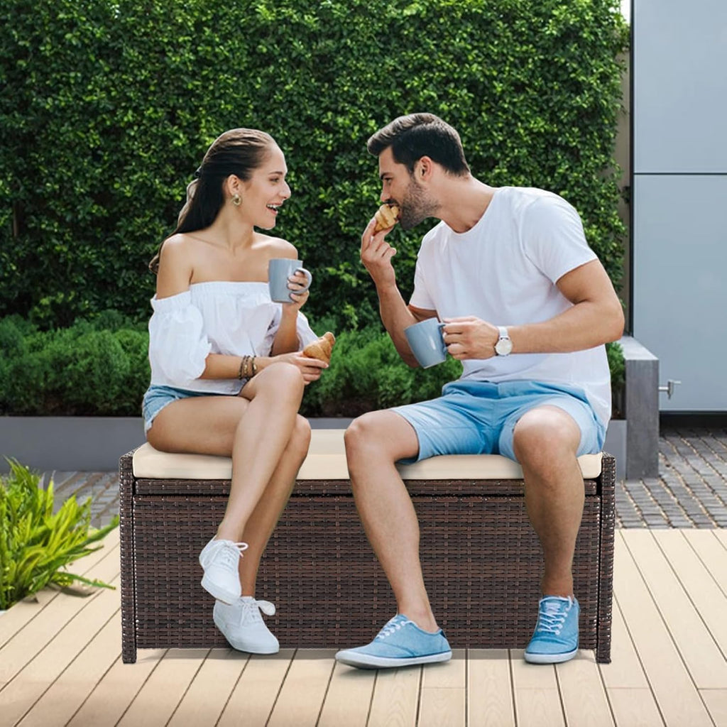 PROHIKER 2-in-1 Wicker Deck Box Bench, All-Weather 55 Gallon Outdoor Storage Box with Cushions and Waterproof Bag, Rattan Storage Bench for Pool Tools, Outdoor Equipments and Garden Tools, Brown/Beige