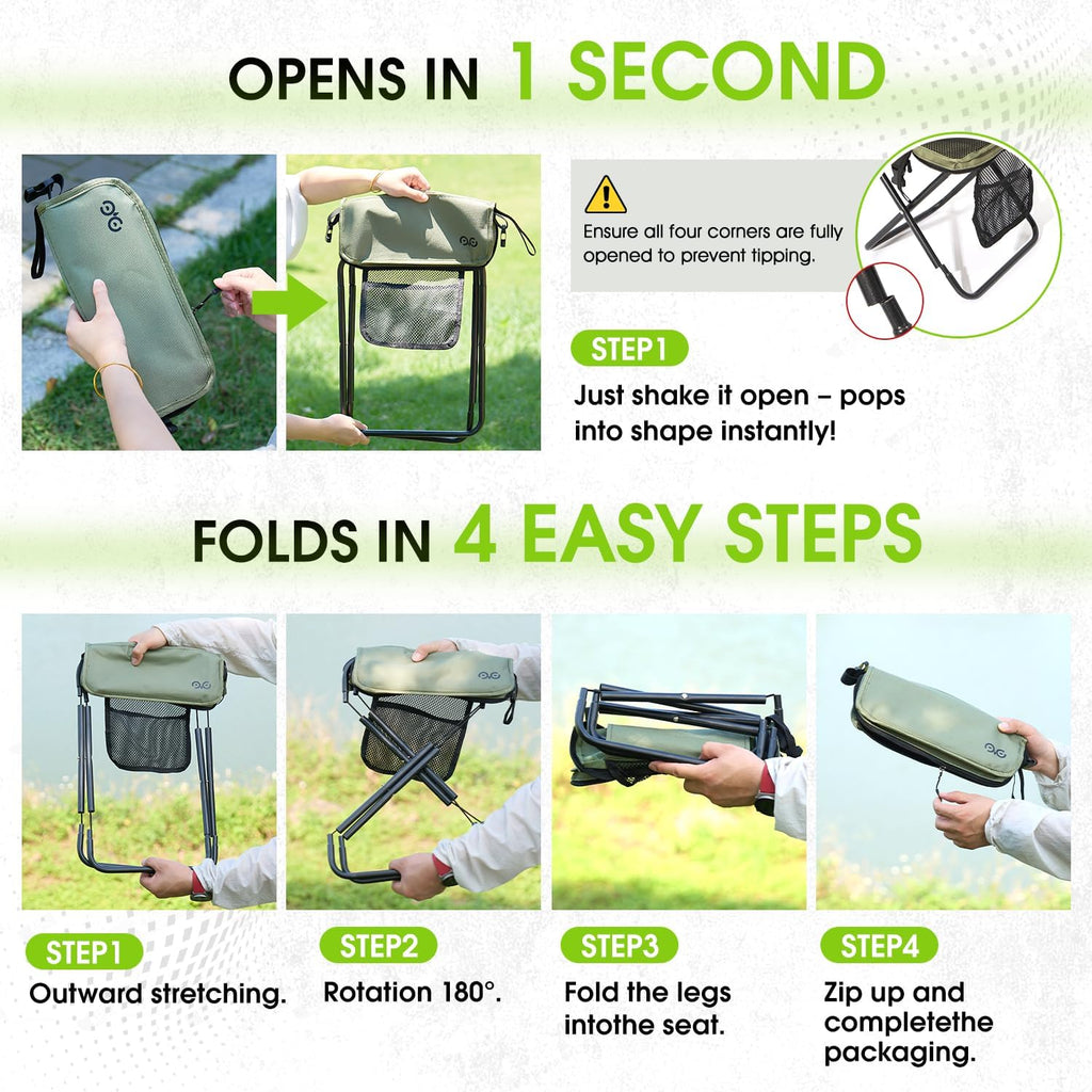CAMDOOR Portable Collapsible Stool, 16″Folding Stool with 3 Side Pockets and Shoulder Strap, Extra Large Camping Chair Supports 400 lbs, Ultralight Portable Seat for Outdoor, Hiking, Fishing (Green)