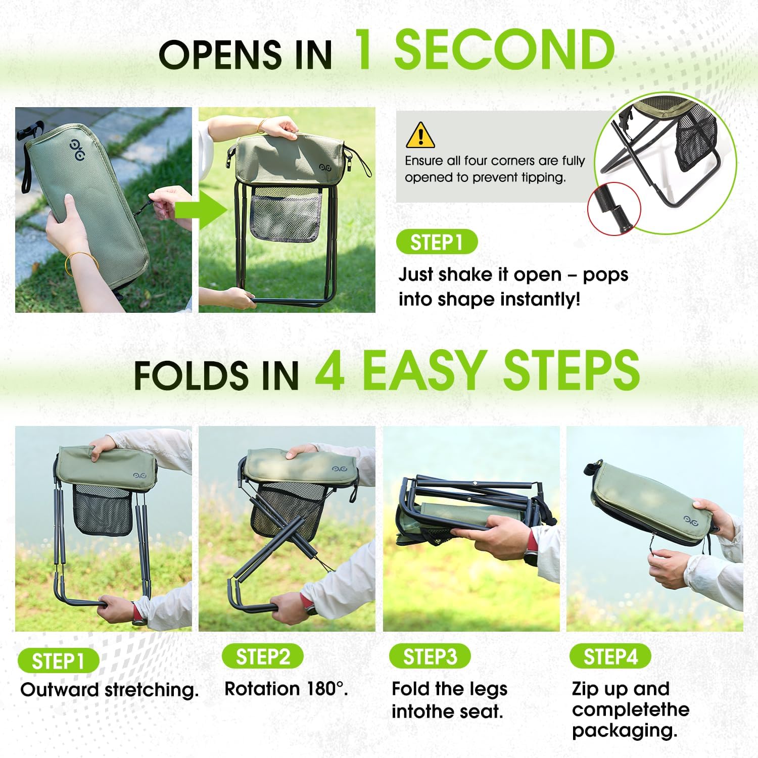 CAMDOOR Portable Collapsible Stool, 16″Folding Stool with 3 Side Pockets and Shoulder Strap, Extra Large Camping Chair Supports 400 lbs, Ultralight Portable Seat for Outdoor, Hiking, Fishing (Green)